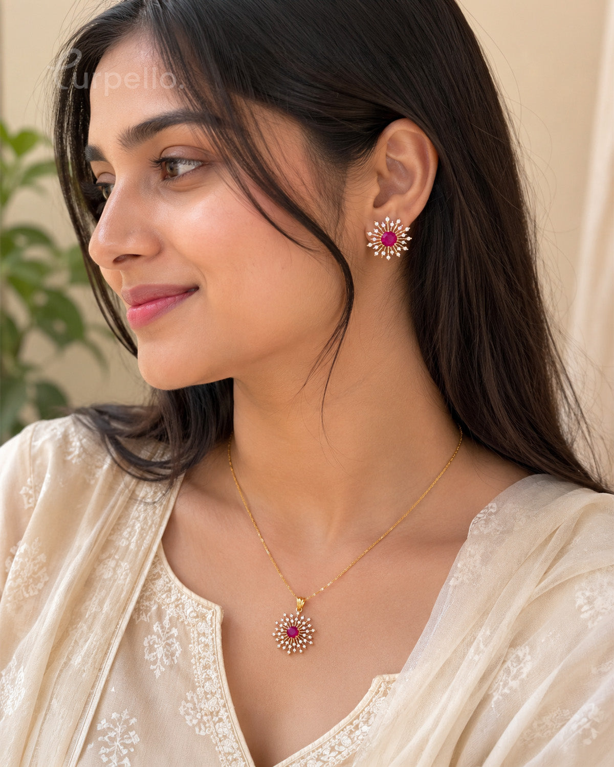 Purpello Ruby Sunburst Pendant Set