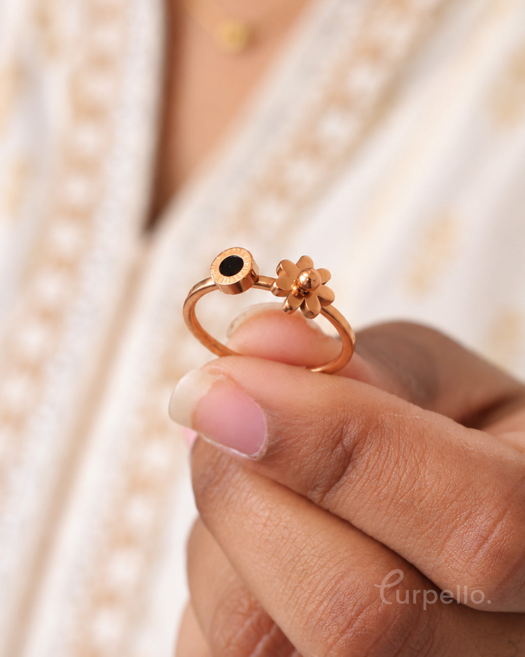 Rose Gold Ring with Black Stone & Floral Detail