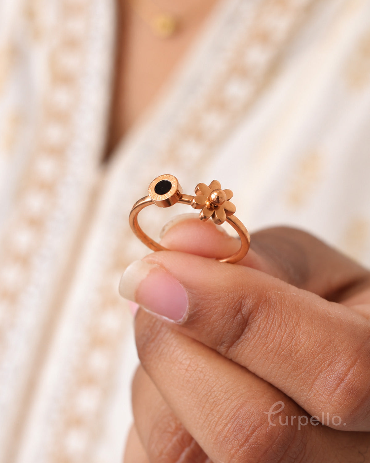 Rose Gold Ring with Black Stone & Floral Detail
