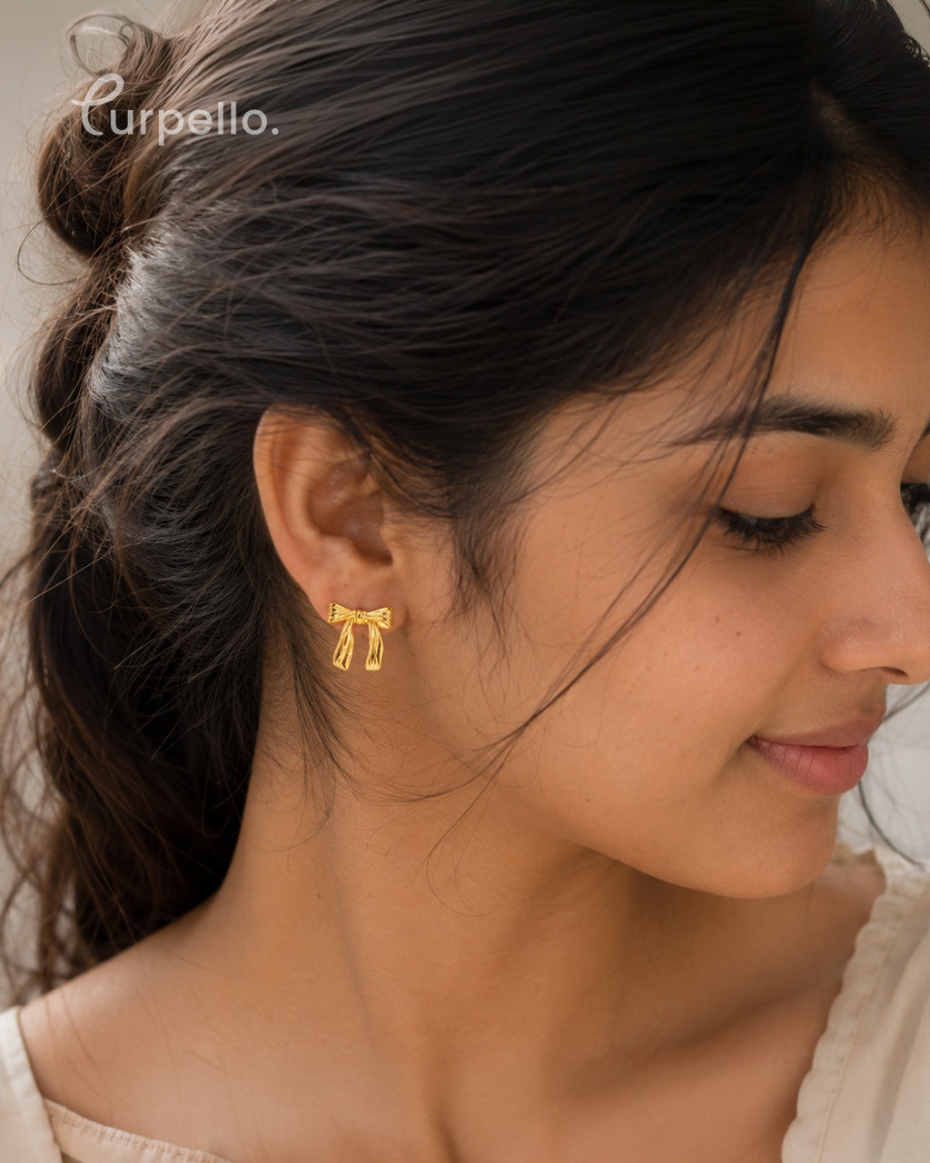 Purpello Elegant Gold Bow Stud Earrings