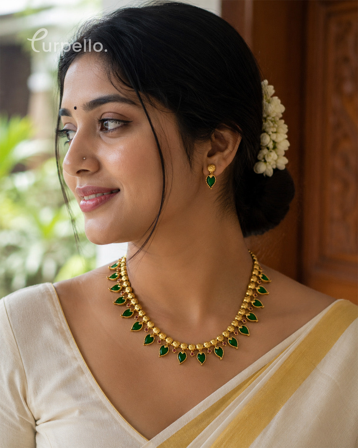 Purpello Emerald Green Palakka Temple Necklace Set