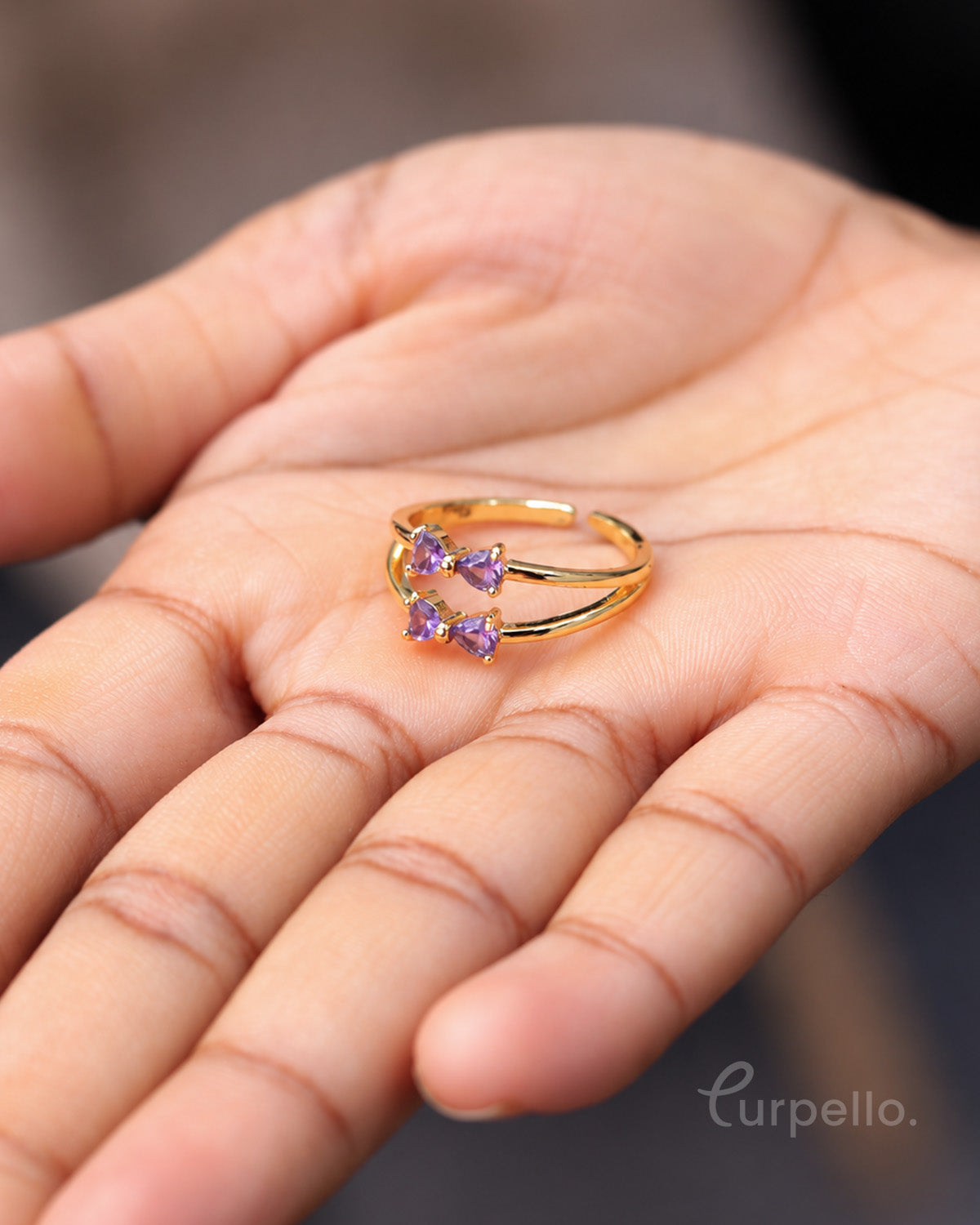 Violet Glow Double Heart Gold Ring