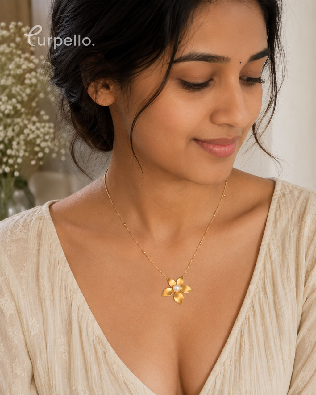 Purpello Pearl Bloom Gold-Tone Floral Pendant Necklace
