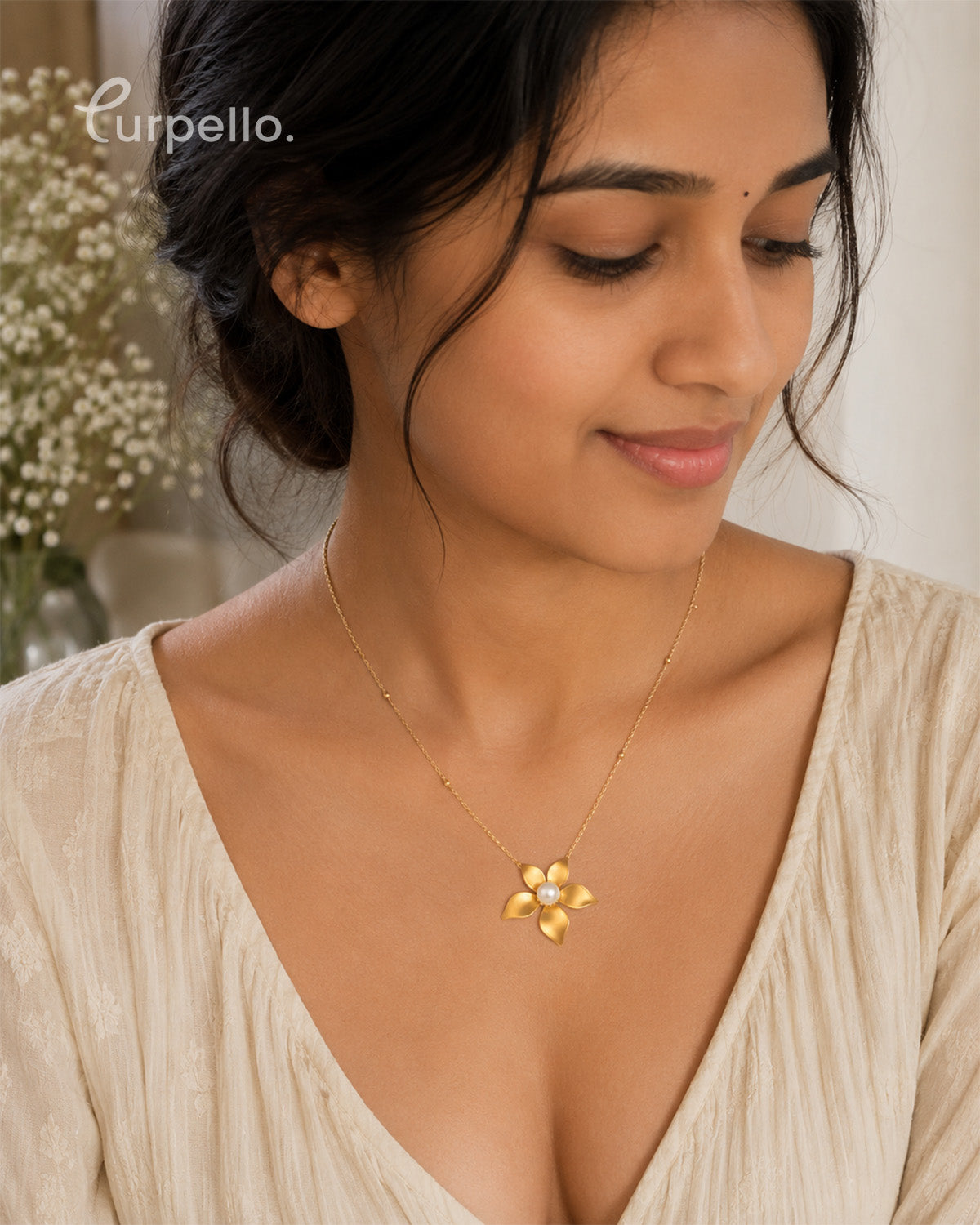 Purpello Pearl Bloom Gold-Tone Floral Pendant Necklace
