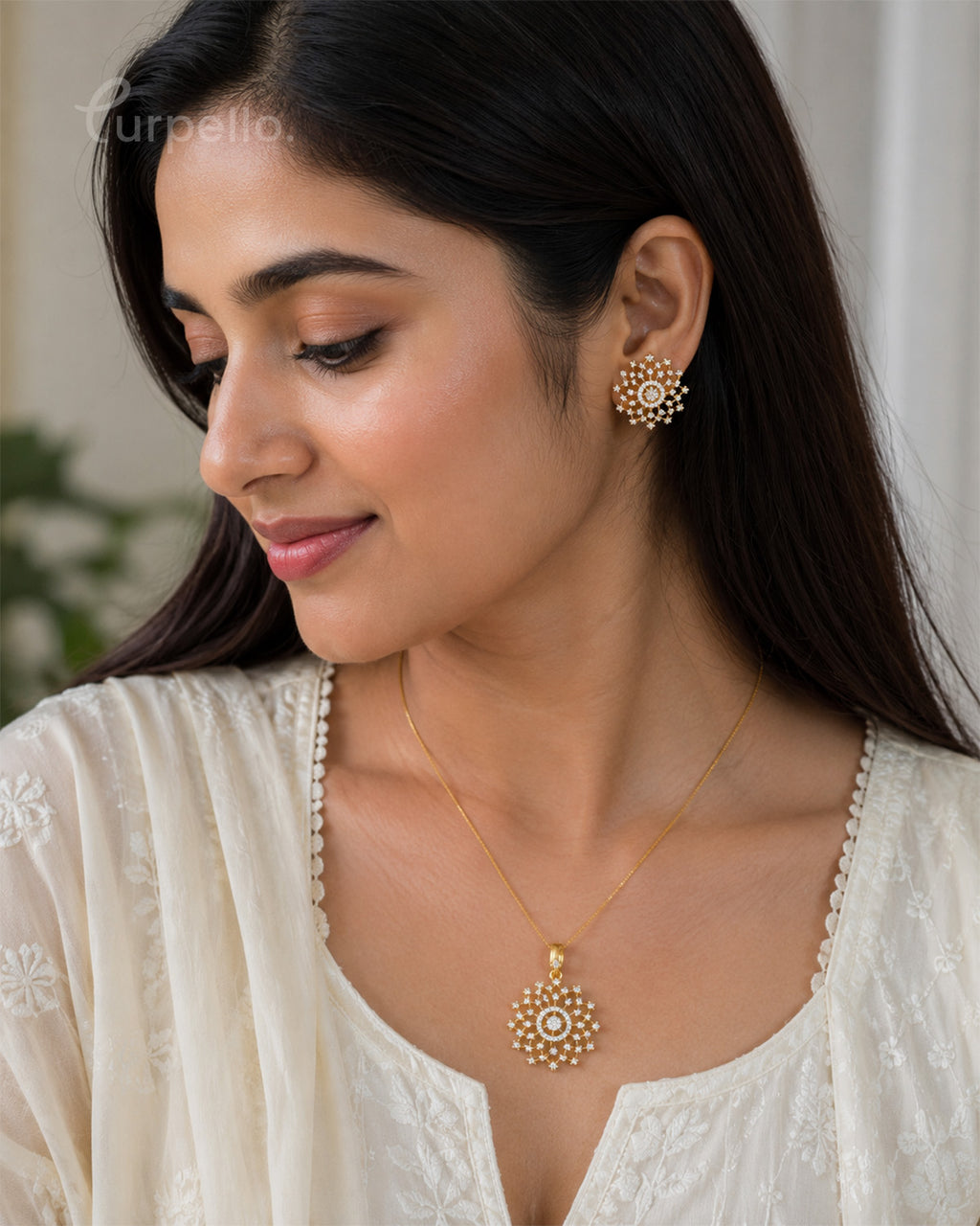 Purpello Diamond Replica Floral Pendant Set