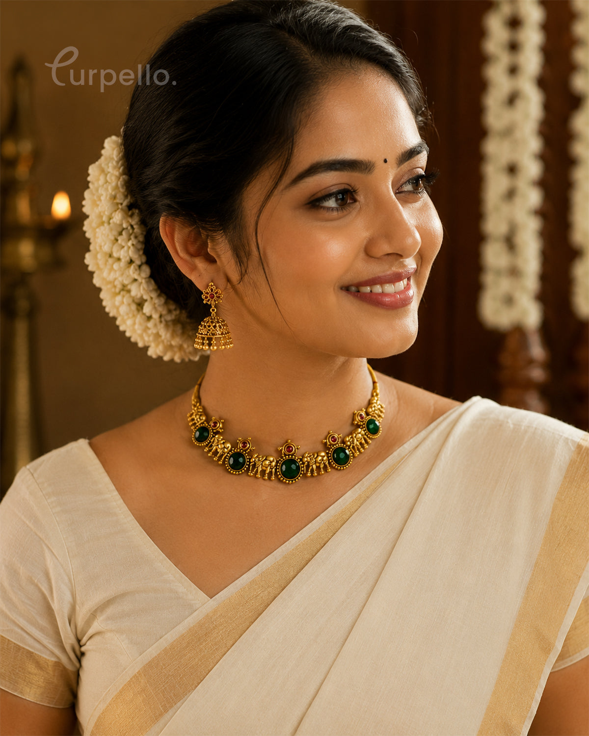 Emerald Temple Heritage Necklace & Jhumka Earring Set