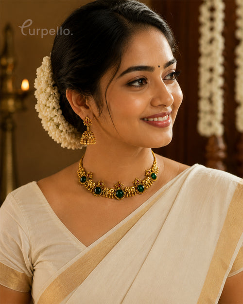 Emerald Temple Heritage Necklace & Jhumka Earring Set
