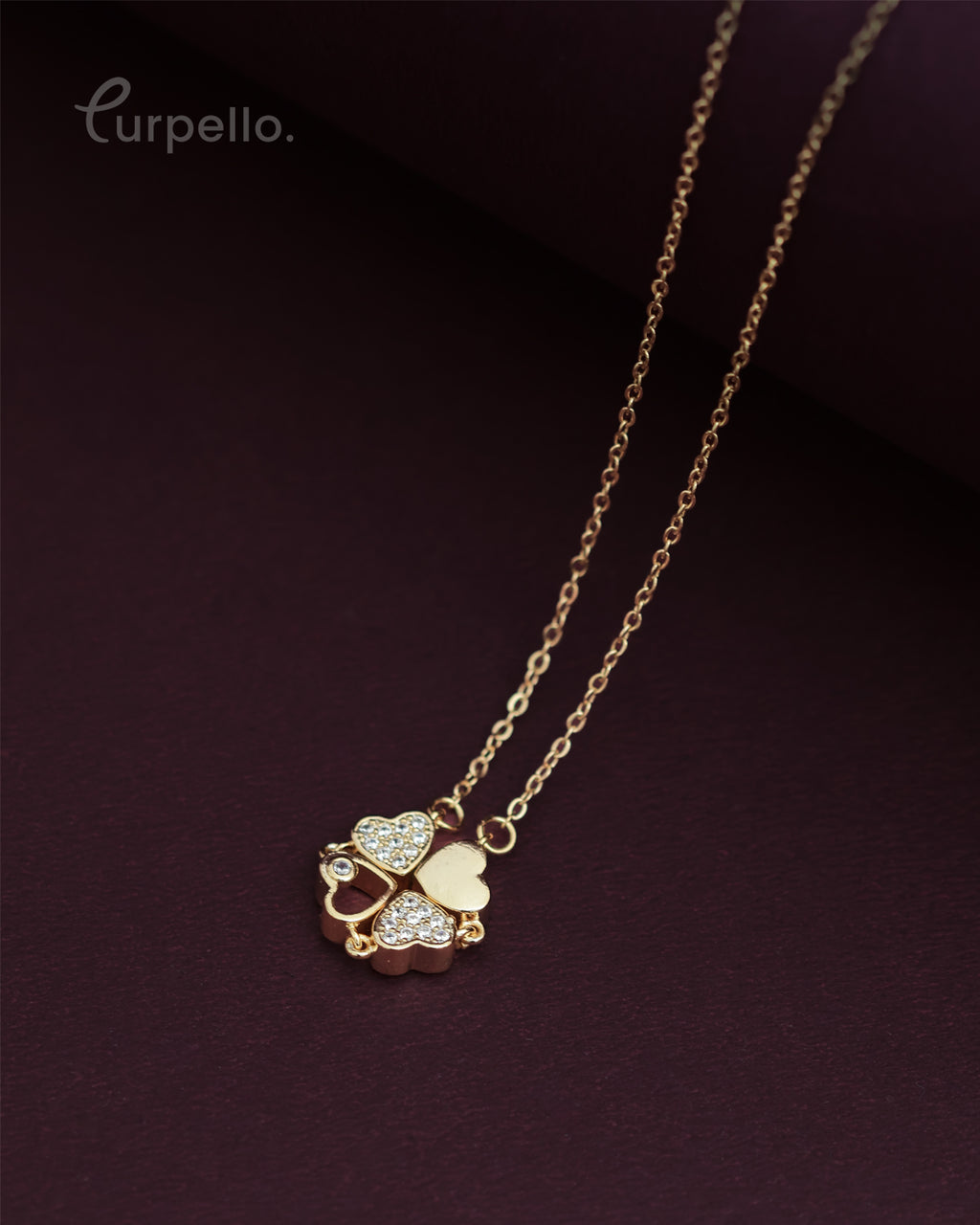 Purpello Gold Clover Heart Crystal Pendant Chain