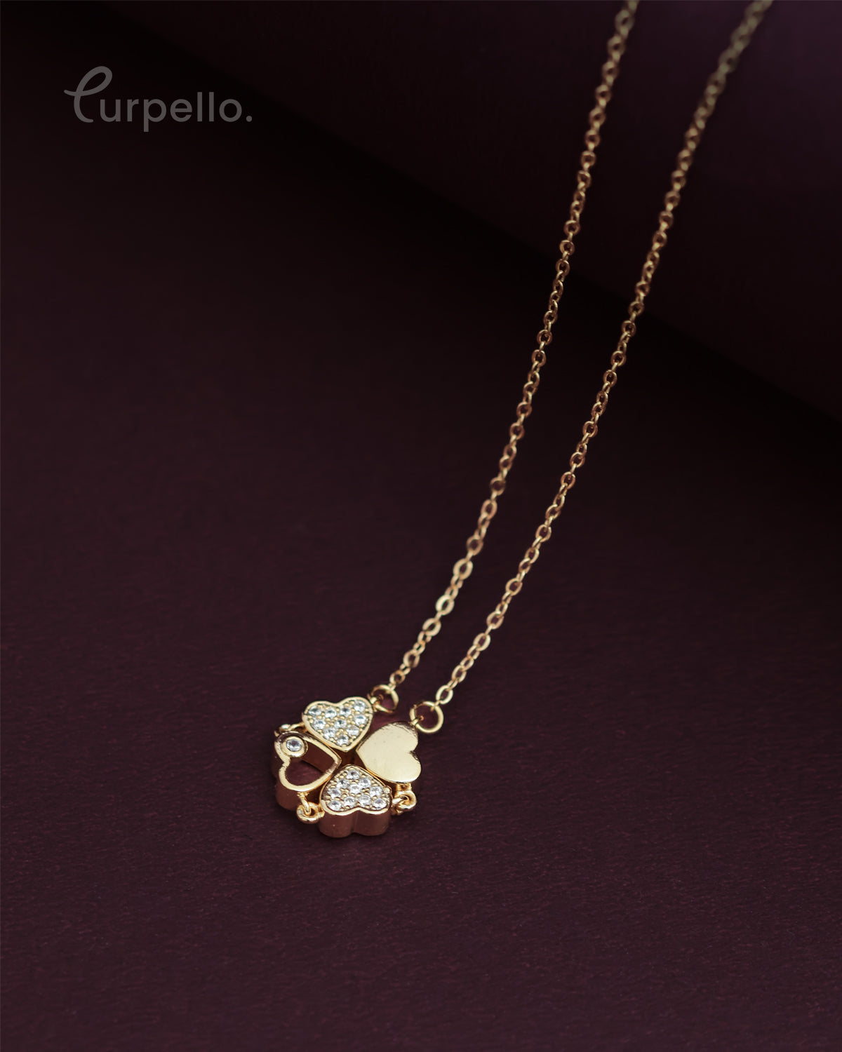 Purpello Gold Clover Heart Crystal Pendant Chain