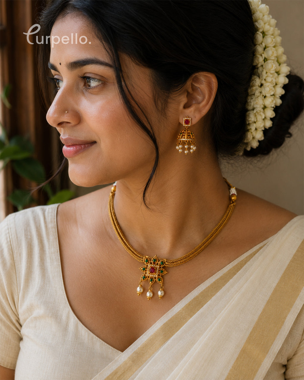 Antique Multi-Strand Pendant Necklace Set with Pearl Jhumkas