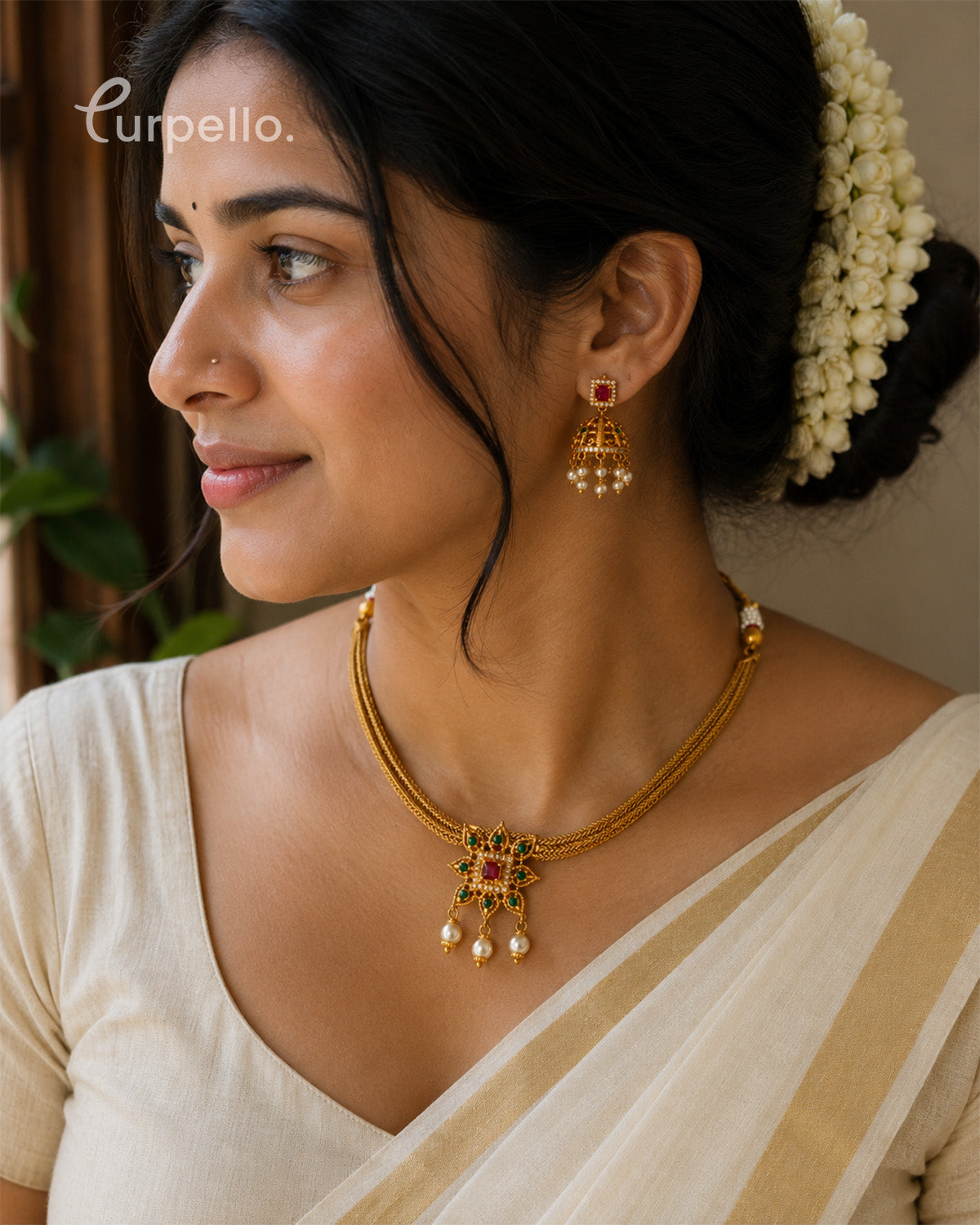 Antique Multi-Strand Pendant Necklace Set with Pearl Jhumkas