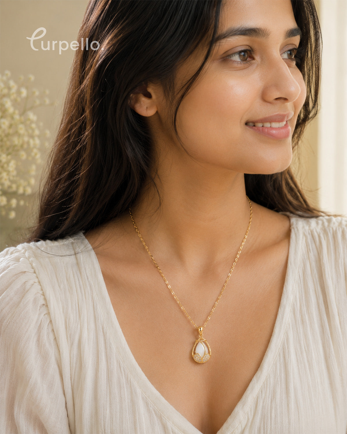 Purpello Elegant White Stone Gold-Tone Pendant Necklace