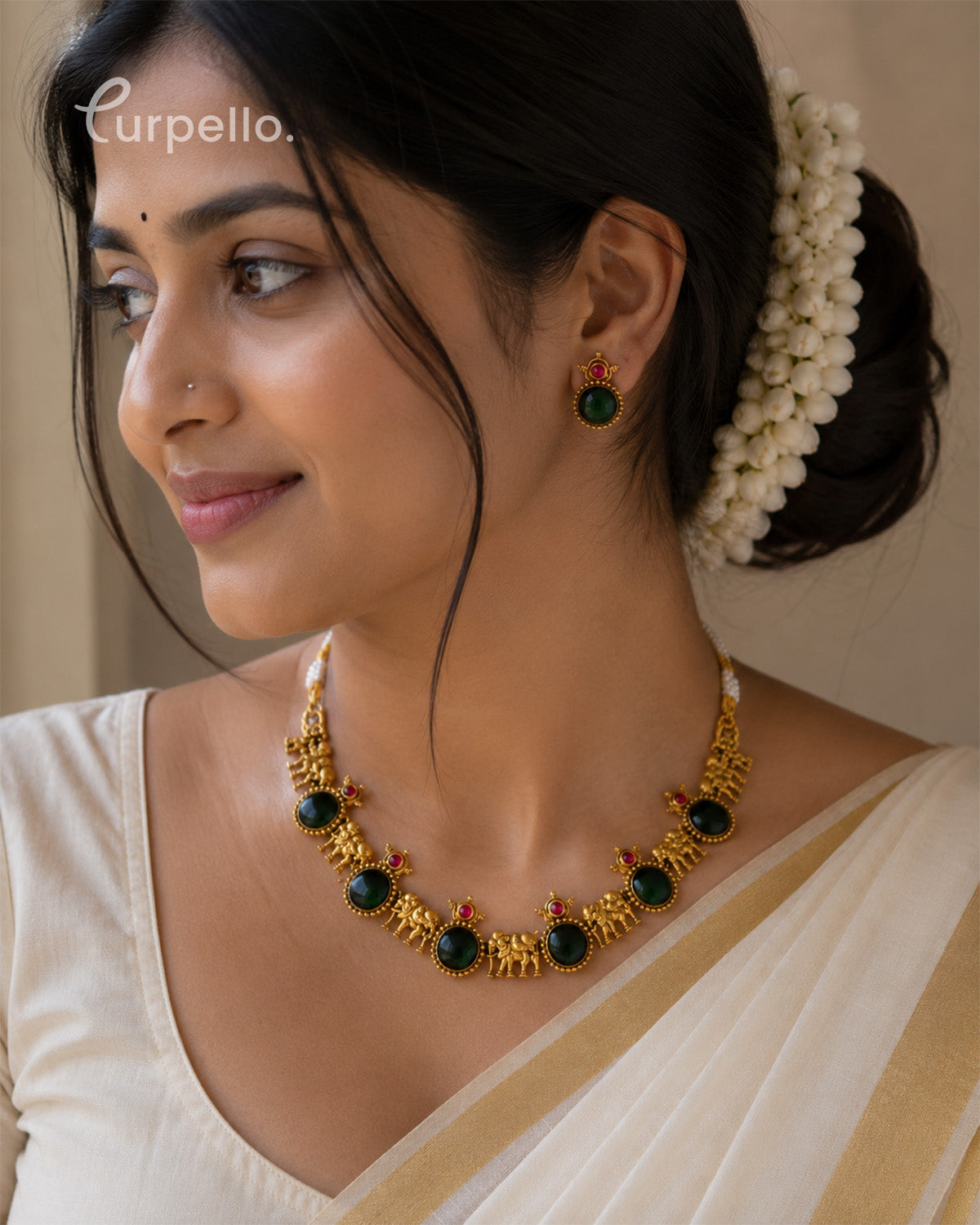 Emerald Temple Heritage Necklace & Jhumka Earring Set