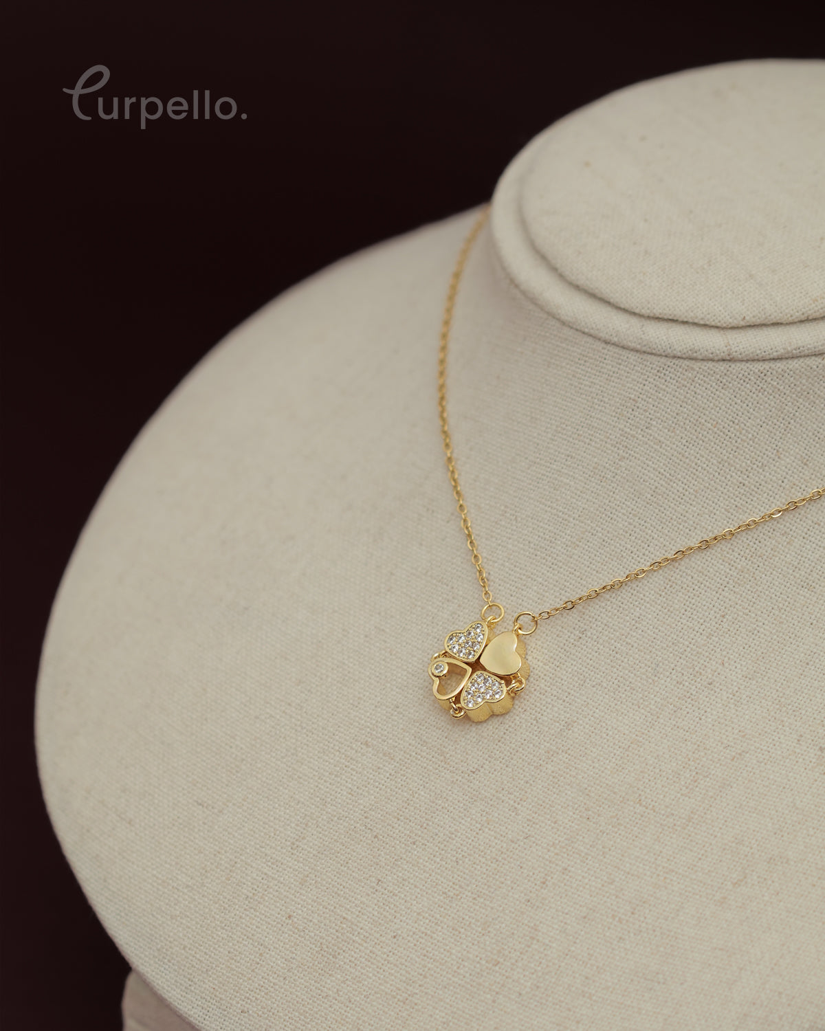 Purpello Gold Clover Heart Crystal Pendant Chain