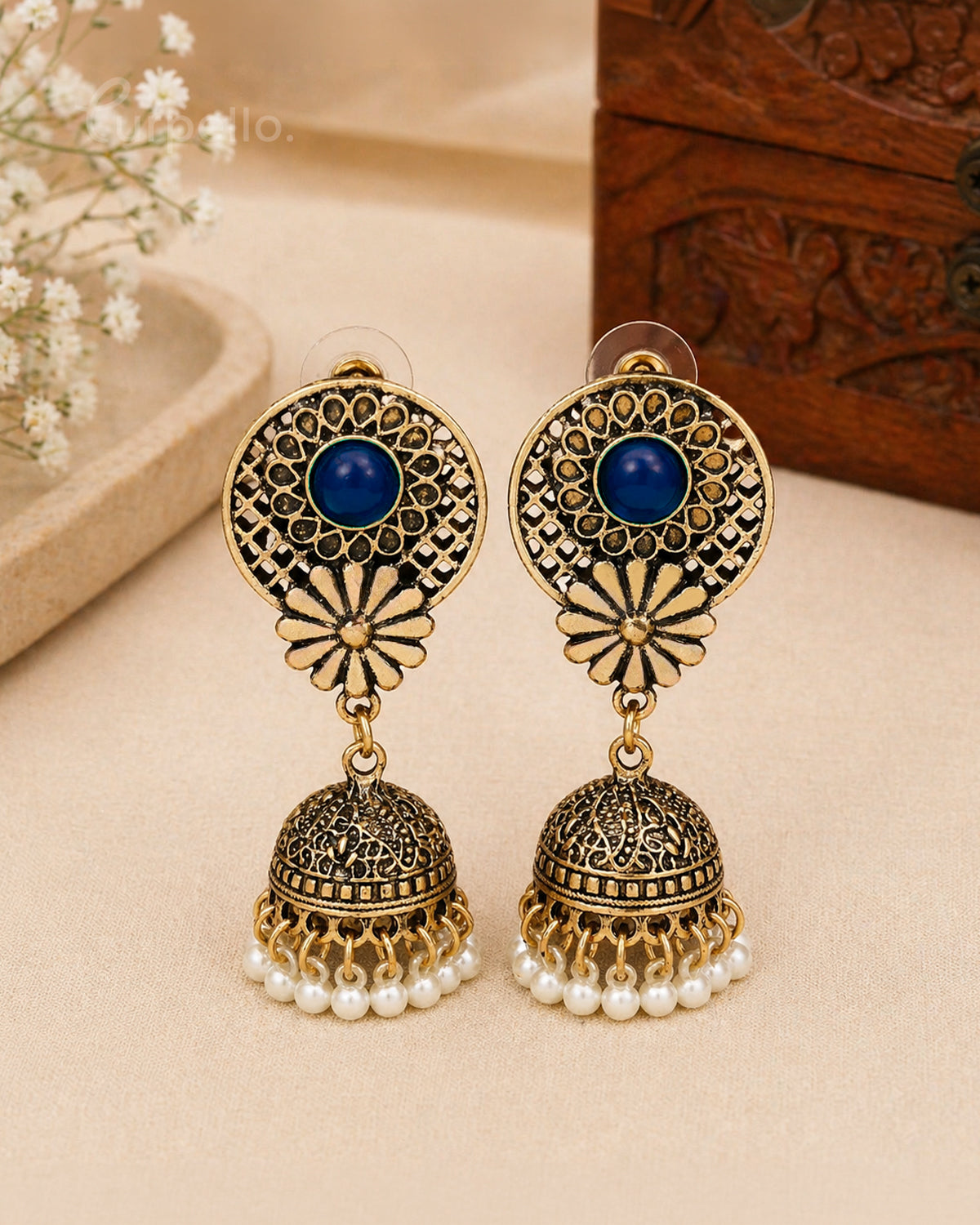 Purpello Antique Gold Jhumka Earrings with Green Stone & Pearl Drops