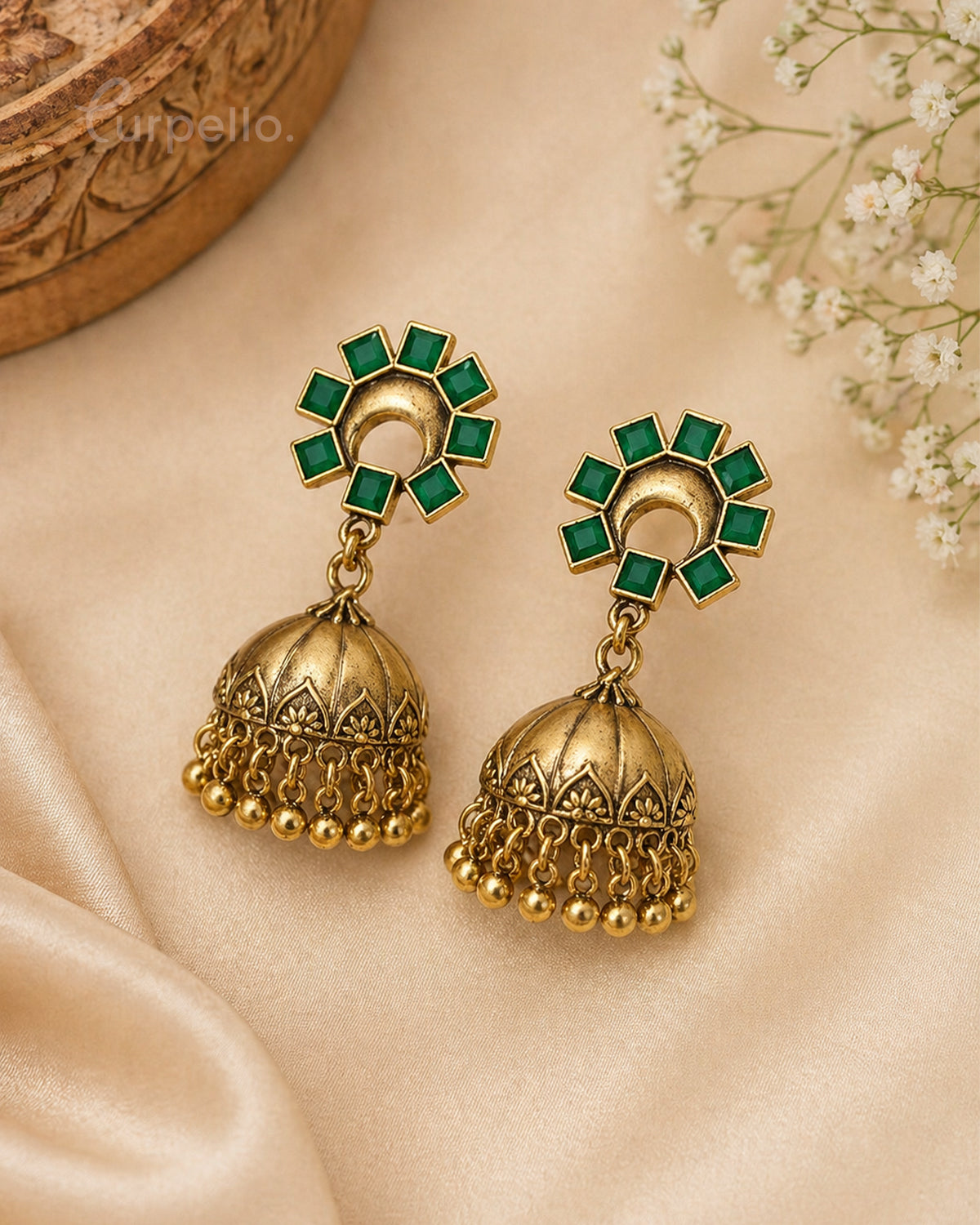 Purpello Antique Gold Jhumka Earrings with Ruby Pink Stud Design