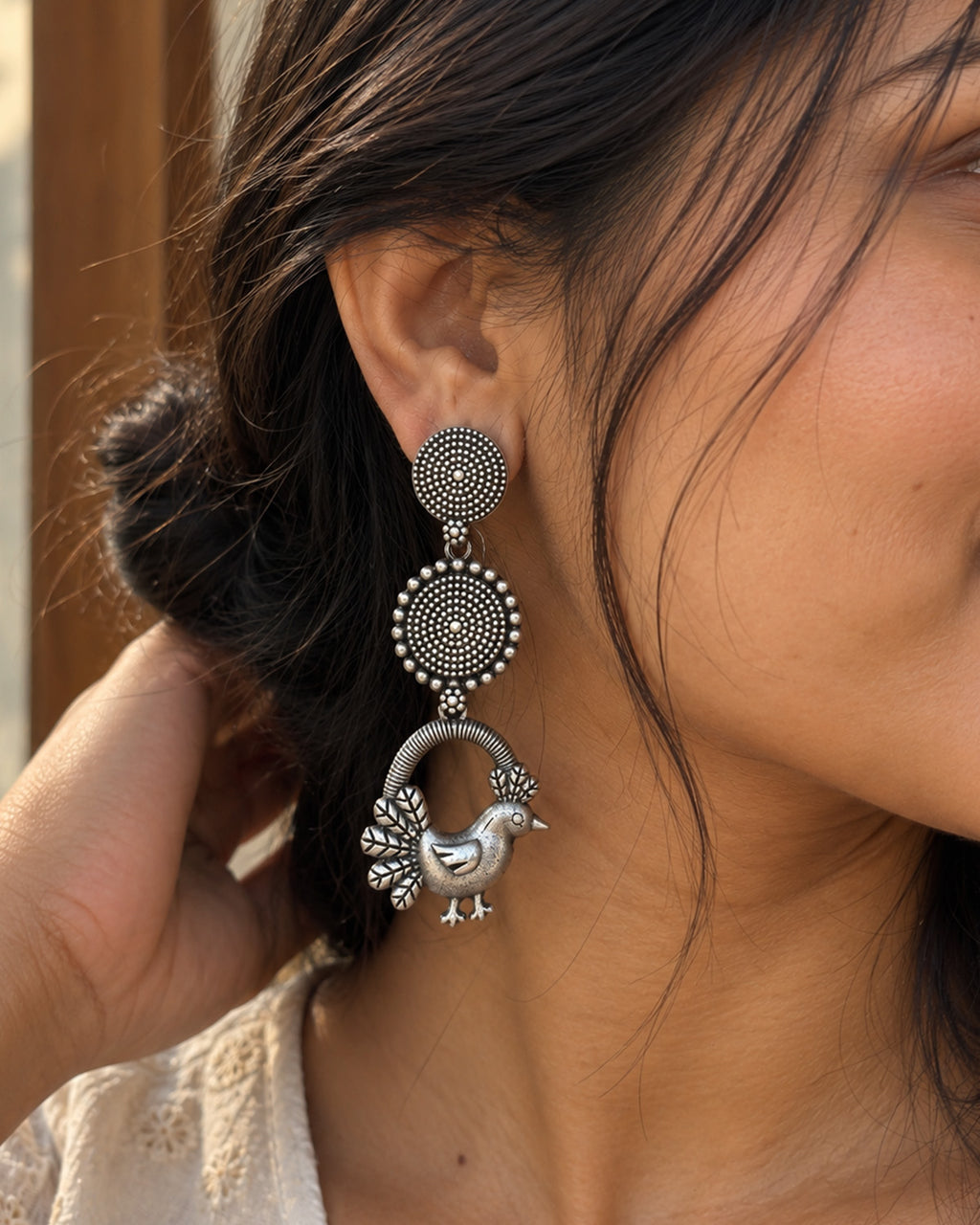 Mayuri Oxidised Silver Peacock Long Earrings