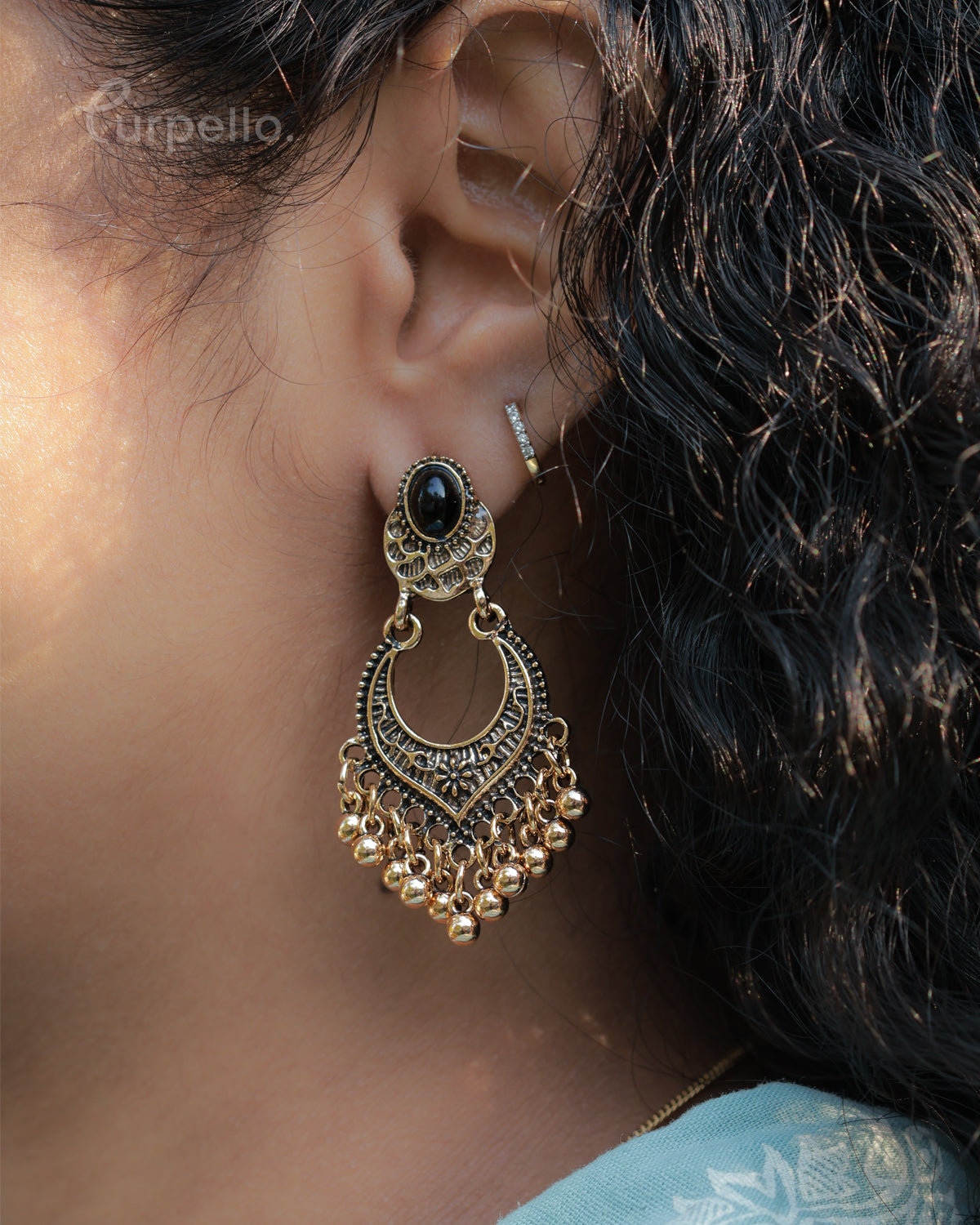 Purpello Antique Black Stone Chandbali Earrings