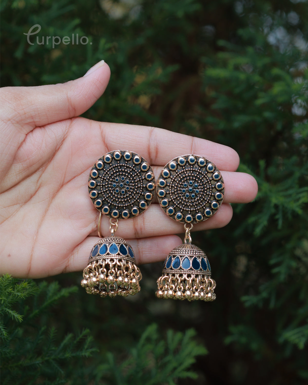 Purpello Antique Gold Jhumka Earrings with Blue Stone