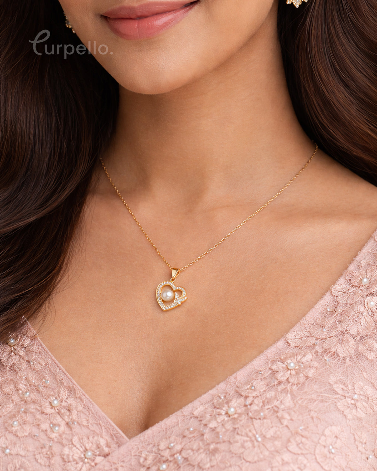 Purpello Gold Pearl Heart Pendant Chain