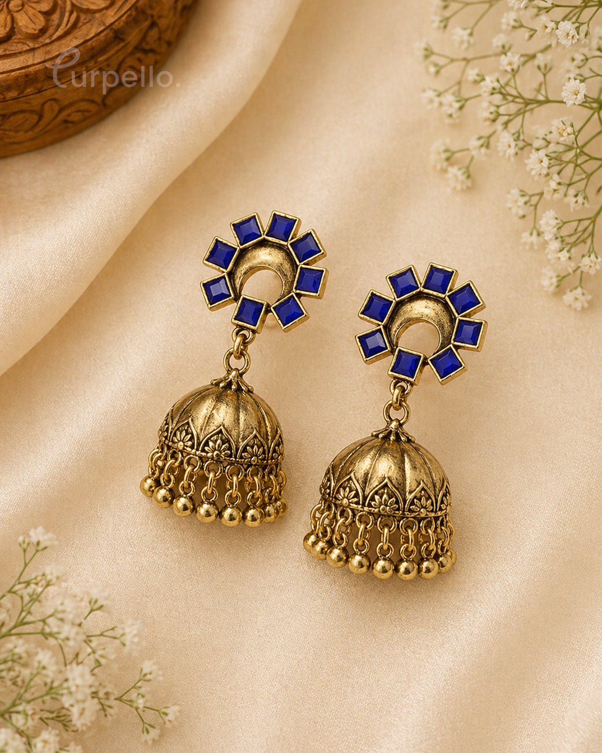 Purpello Antique Gold Jhumka Earrings with Ruby Pink Stud Design