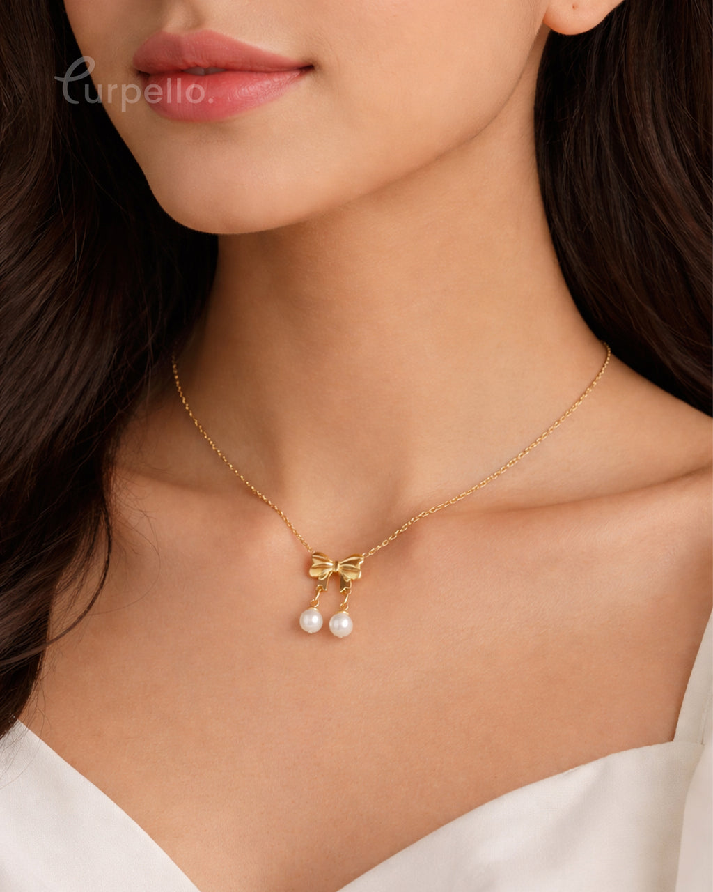 Purpello Bow Pearl Charm Necklace
