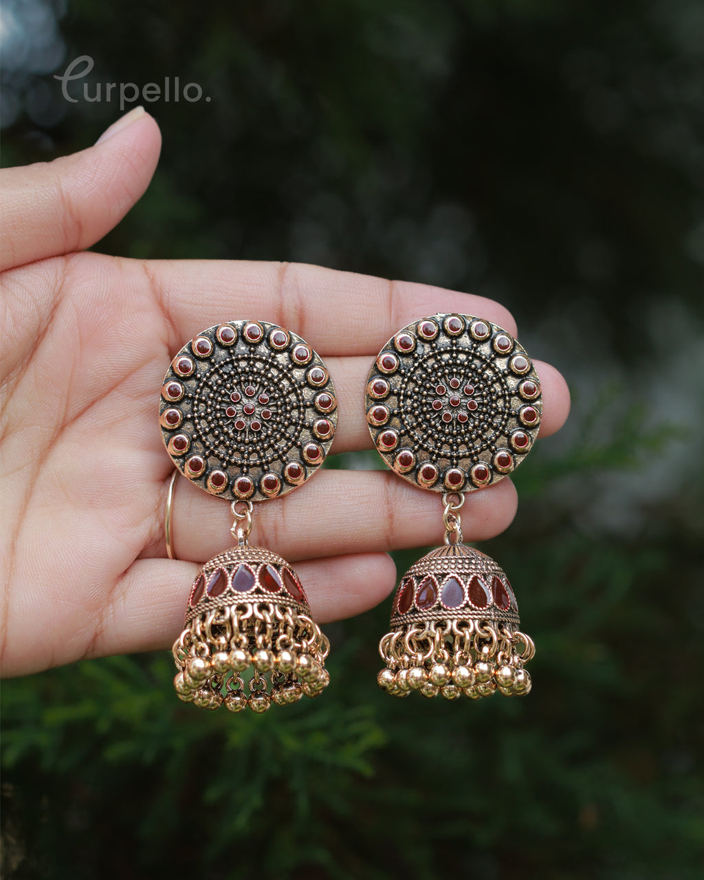 Purpello Antique Gold Jhumka Earrings with Red Colour
