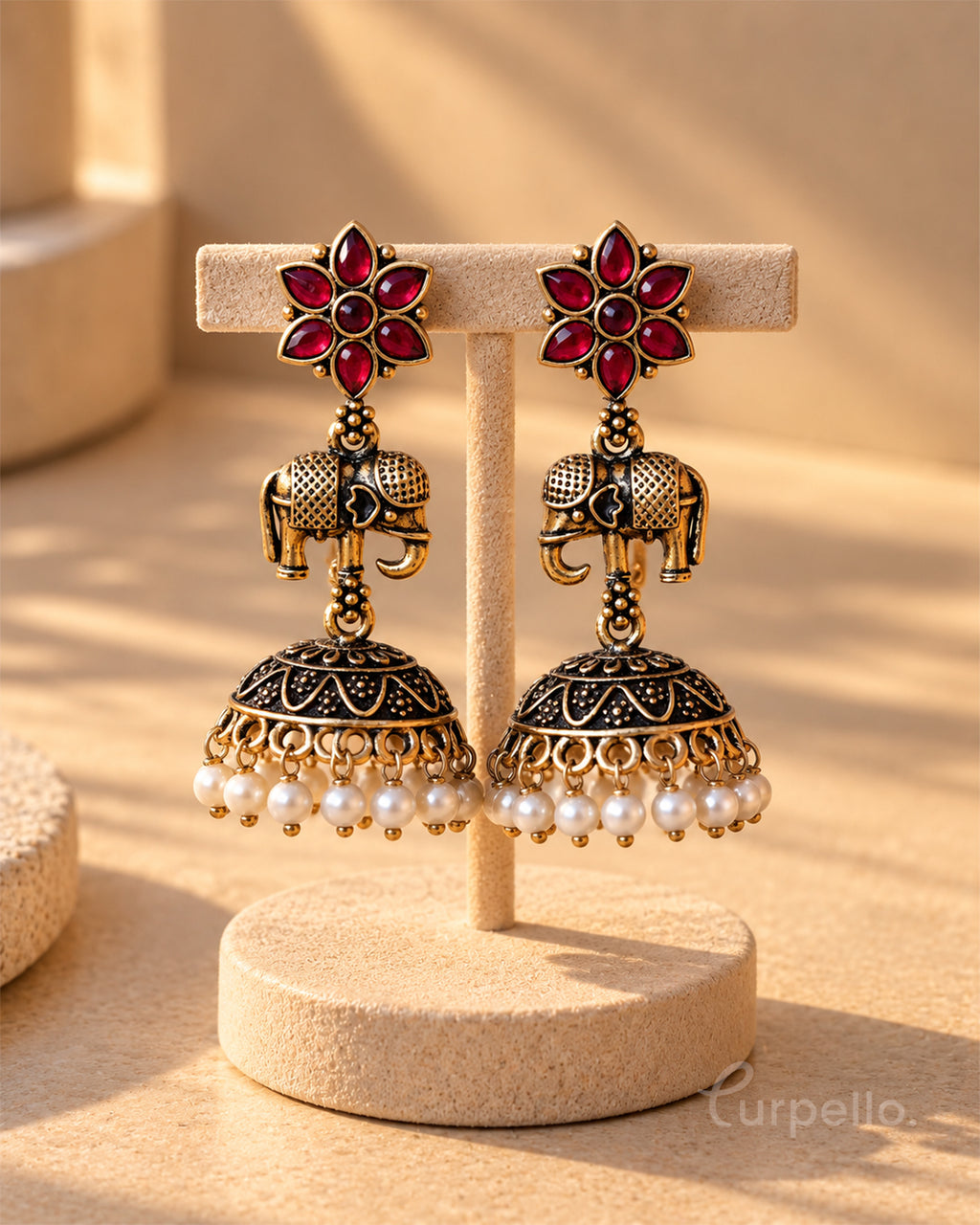 Ruby Bloom Elephant Jhumka Earrings