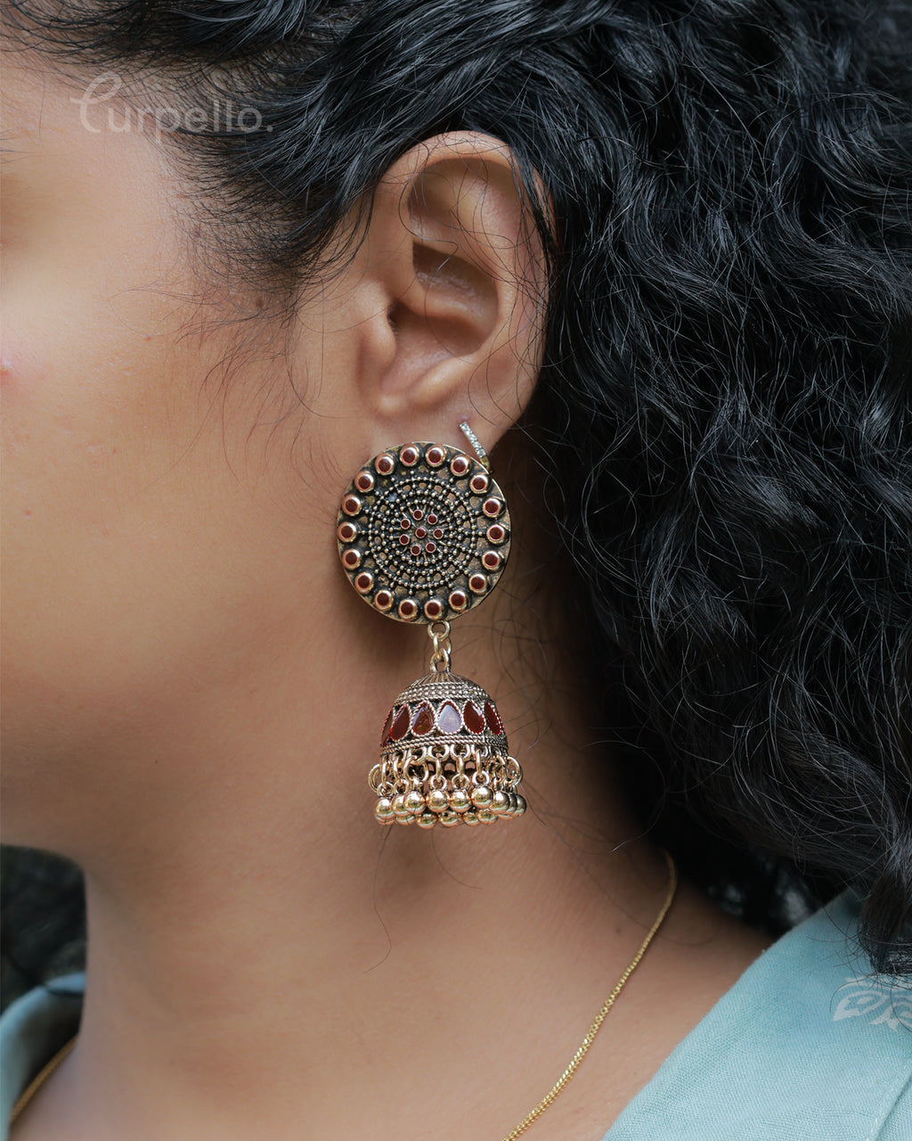 Purpello Antique Gold Jhumka Earrings with Red Colour