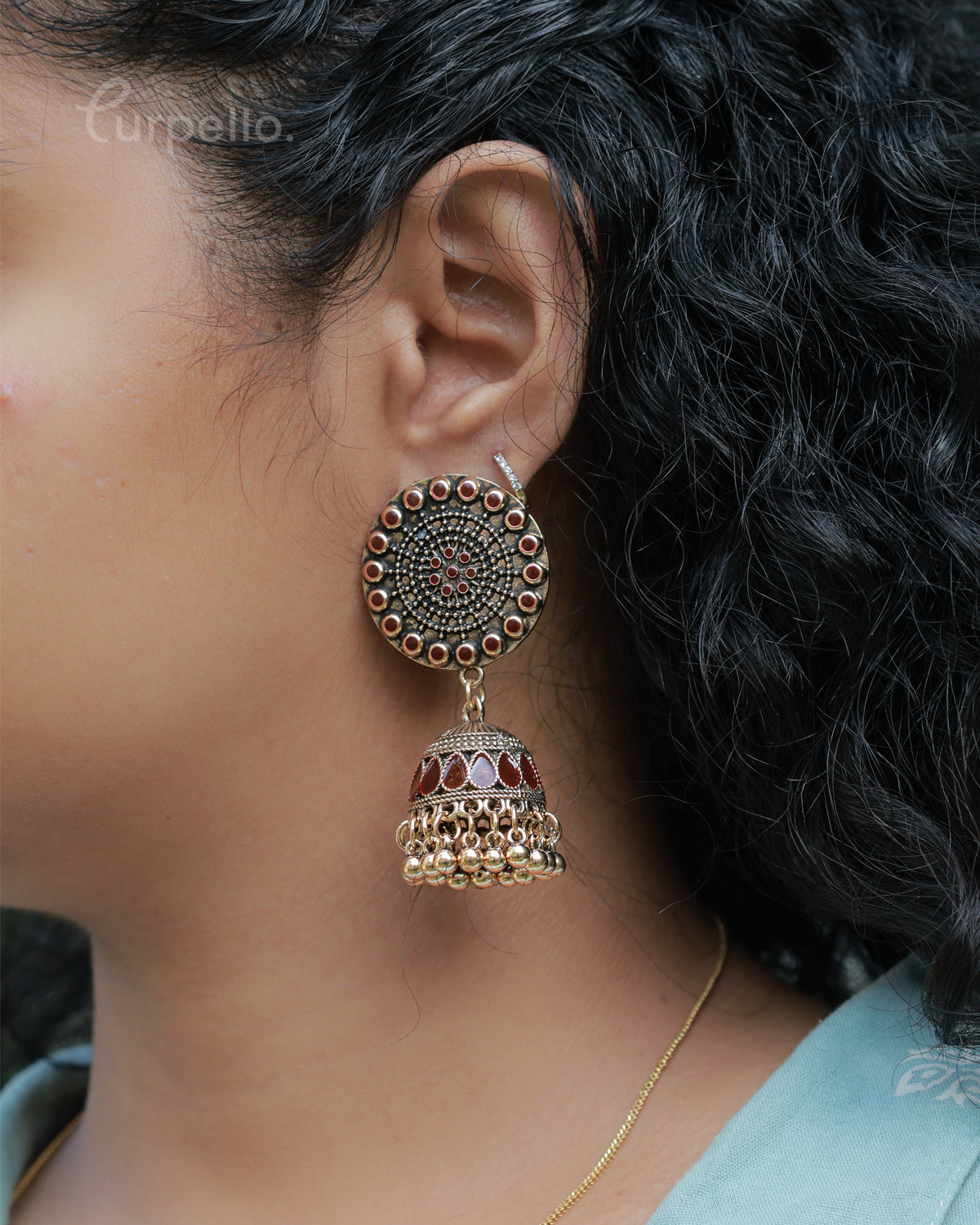 Purpello Antique Gold Jhumka Earrings with Red Colour