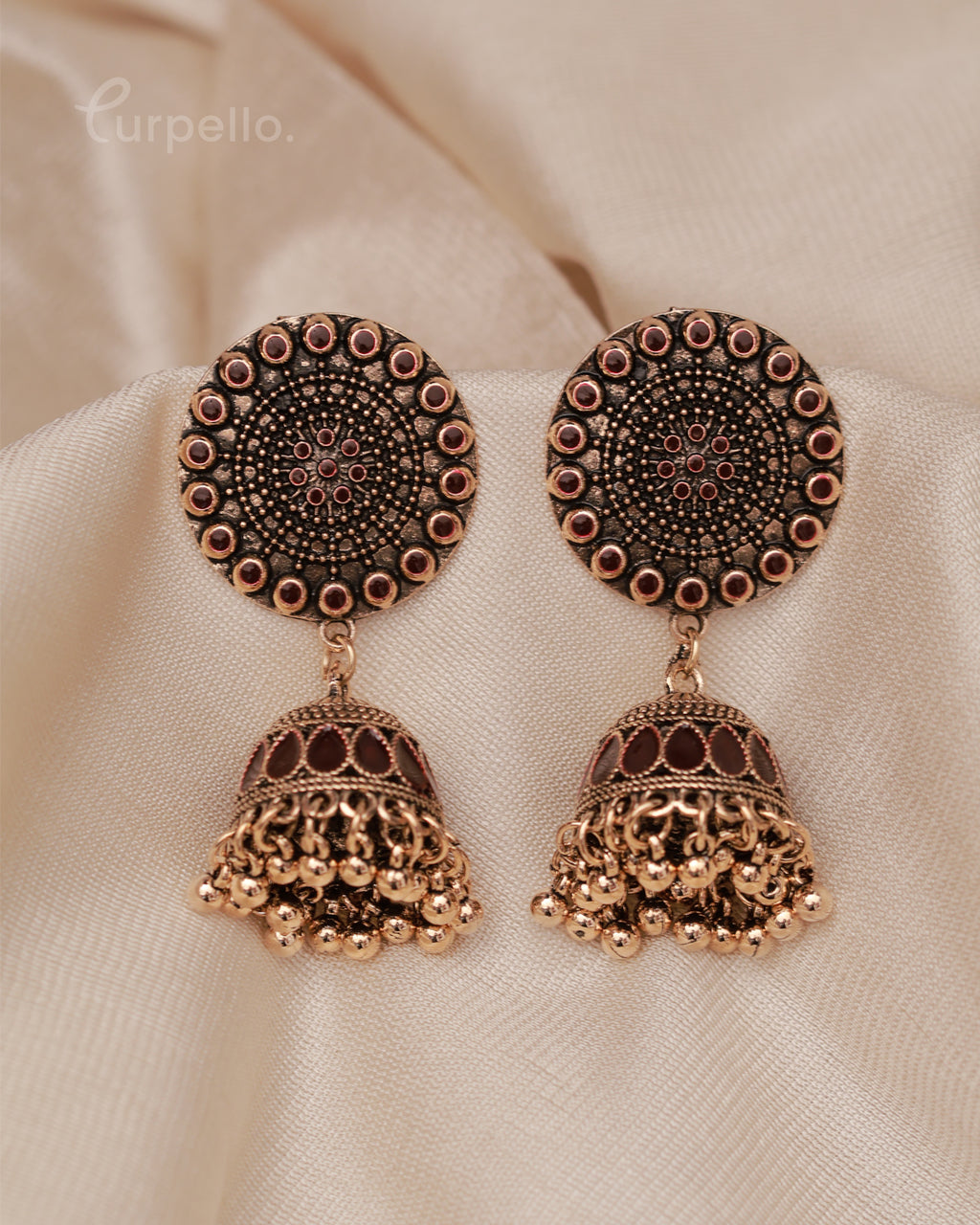 Purpello Antique Gold Jhumka Earrings with Red Colour