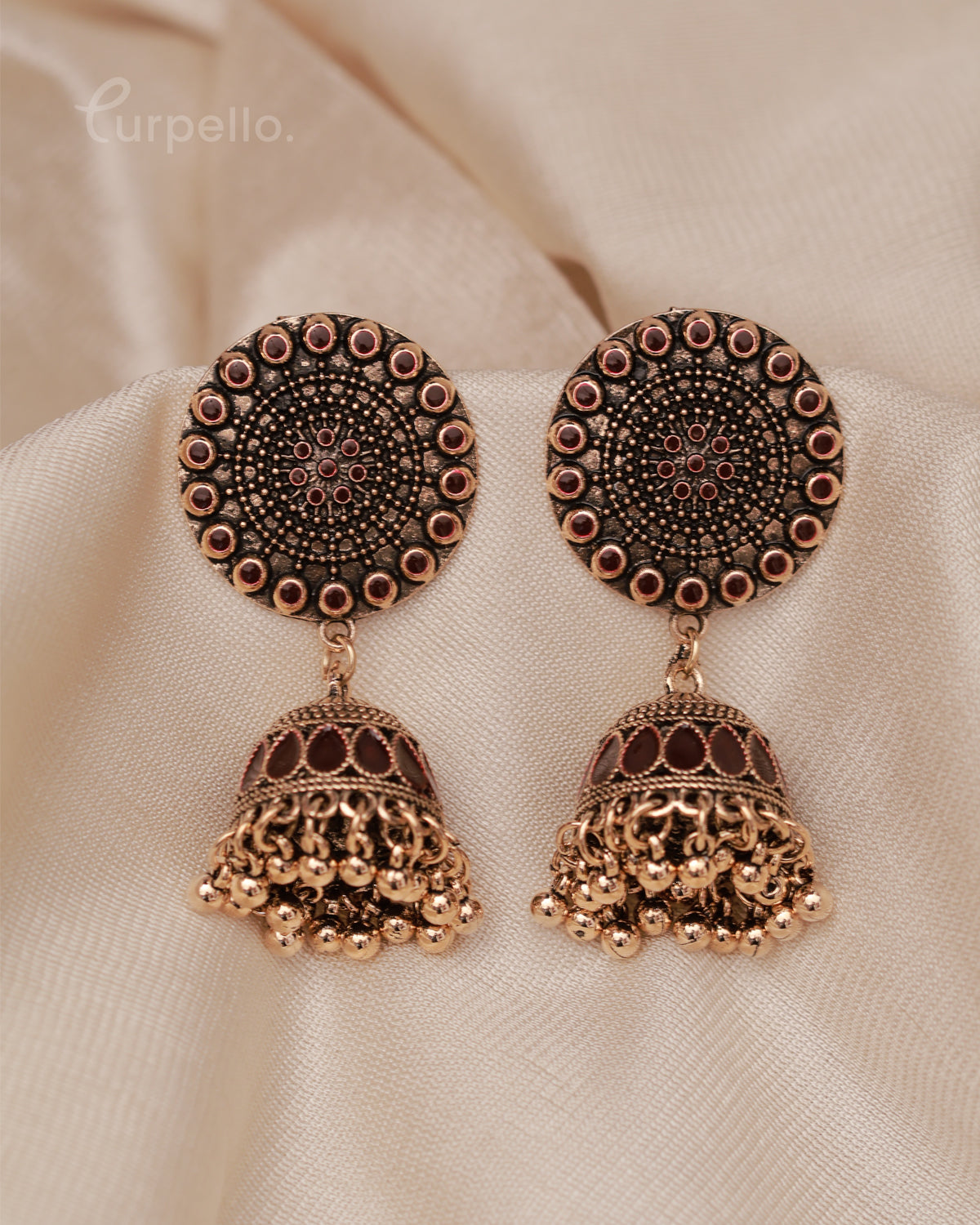Purpello Antique Gold Jhumka Earrings with Red Colour