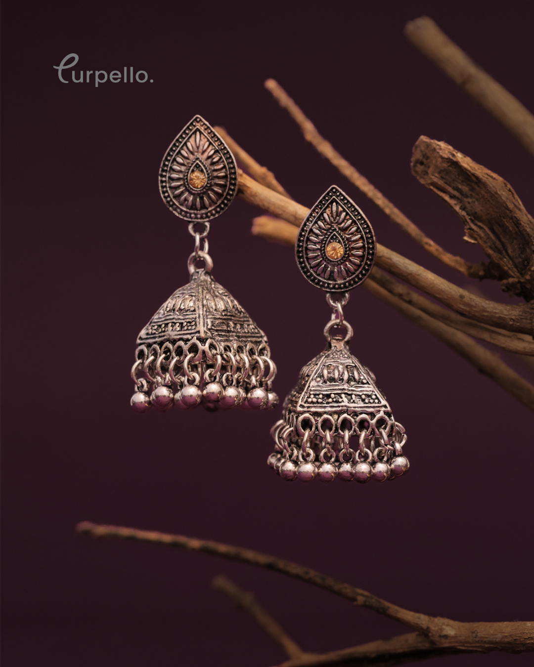 Purpello Antique Silver Temple Style Jhumki