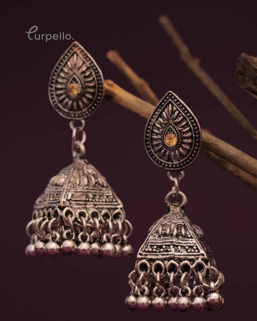 Purpello Antique Silver Temple Style Jhumki