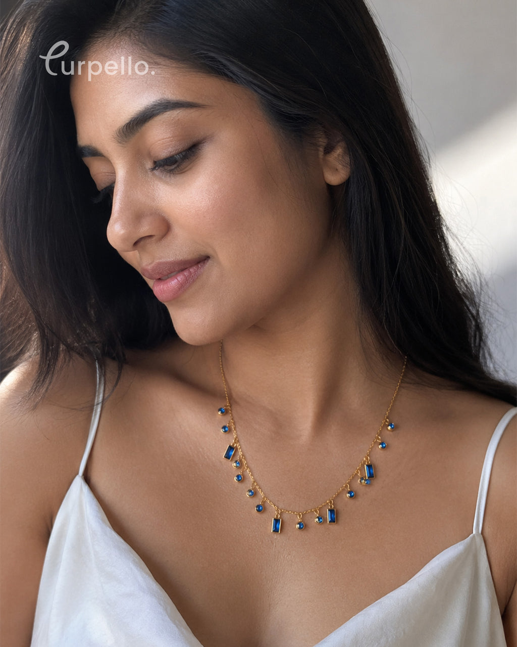 Sapphire Blue Charm Station Necklace