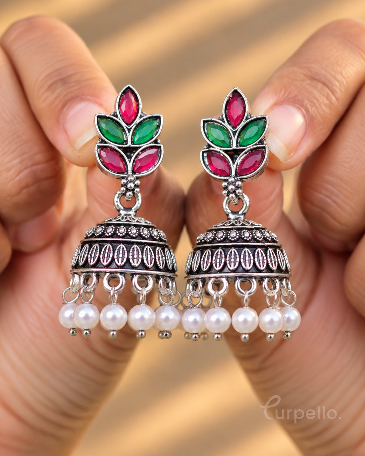 Leaf Oxidised Silver Jhumka Earrings