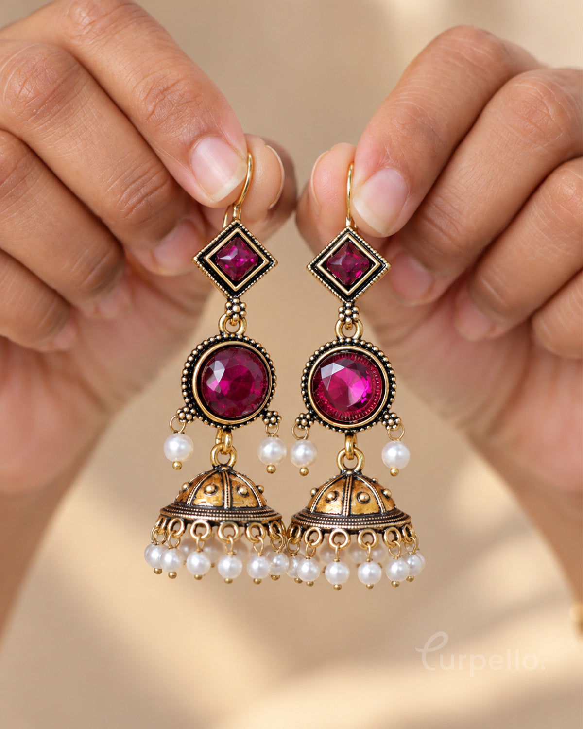 Antique Gold Jhumka Earrings with Pearl Drops