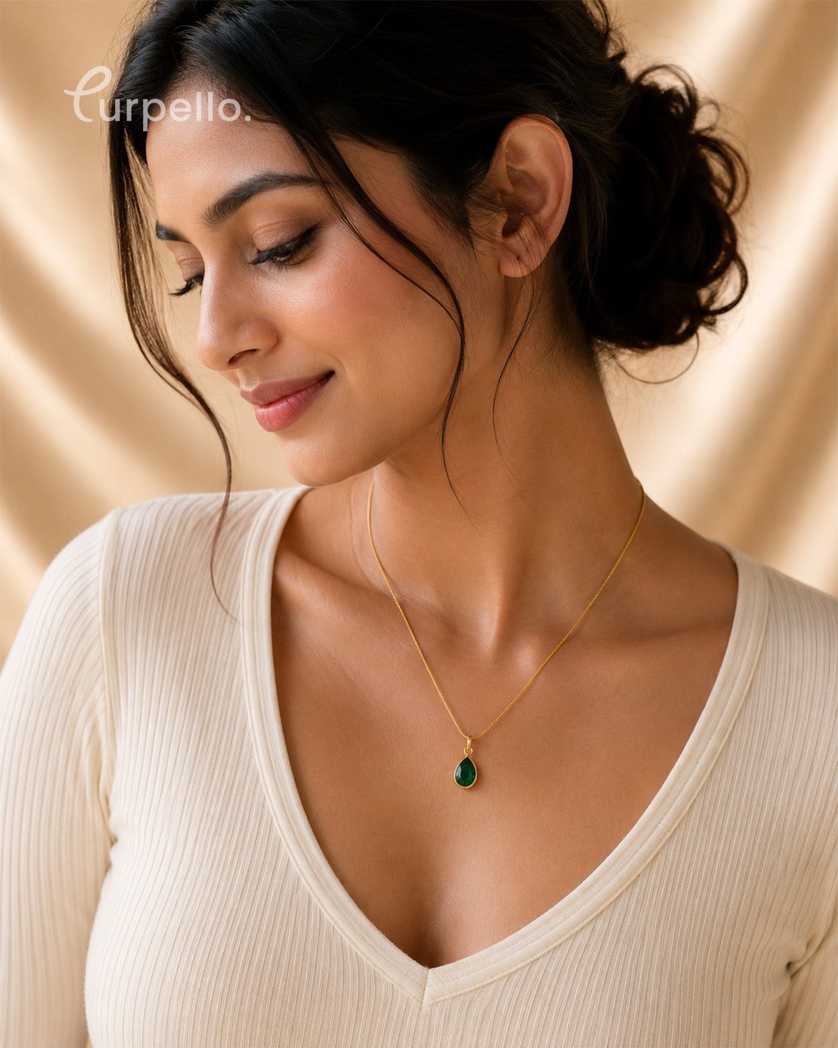 Purpello Emerald Green Teardrop Pendant Chain