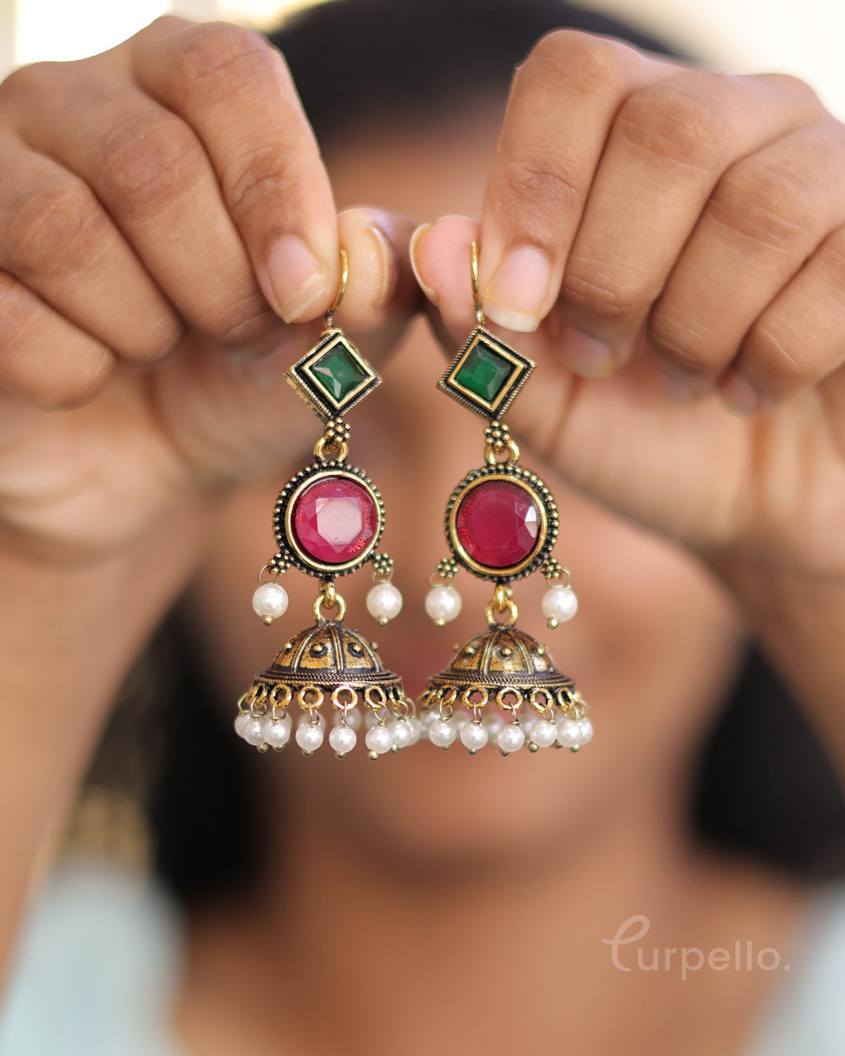 Antique Gold Jhumka Earrings with Pearl Drops