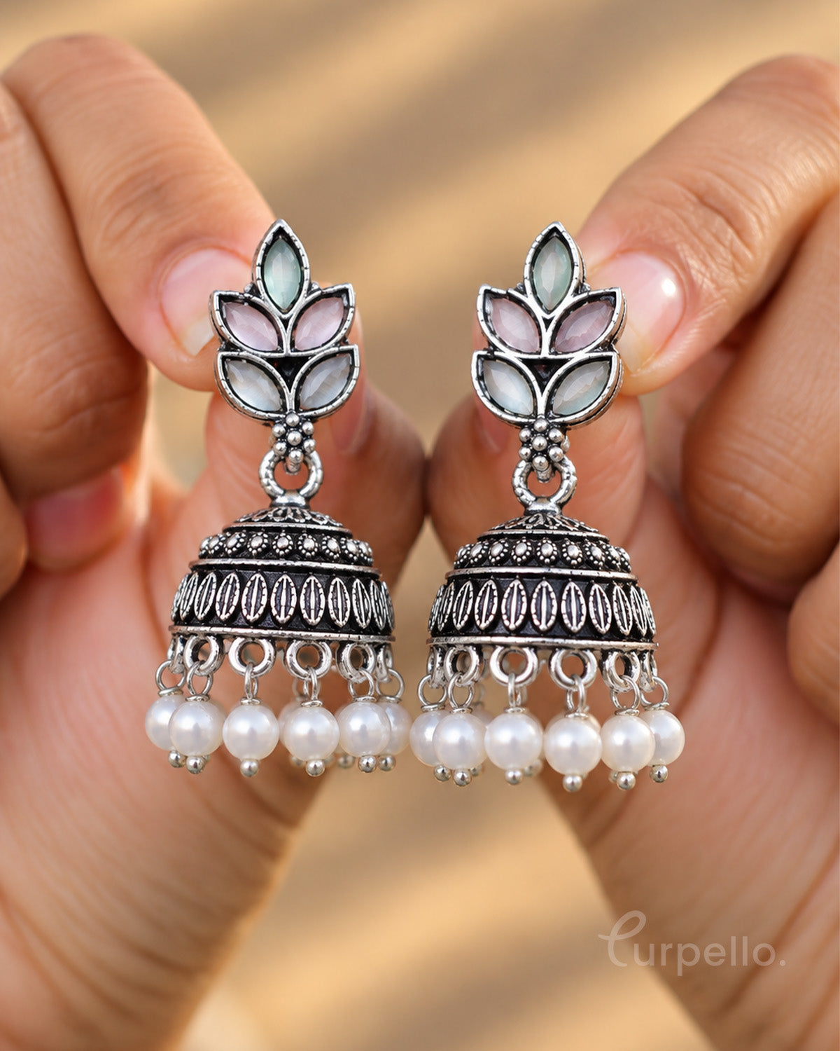 Leaf Oxidised Silver Jhumka Earrings