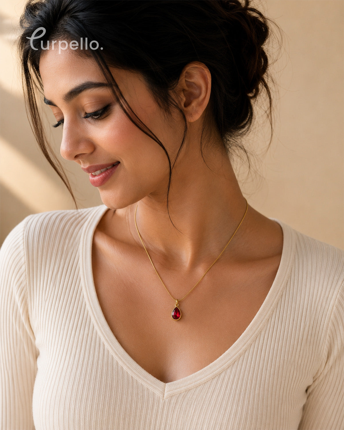 Purpello Ruby Red Teardrop Pendant Chain