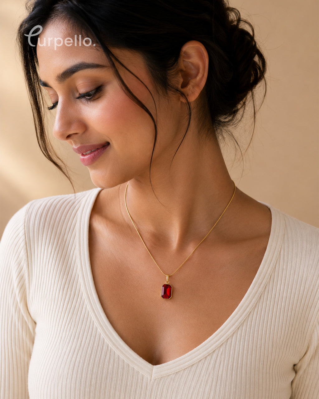 Purpello Ruby Red Emerald-Cut Pendant Chain