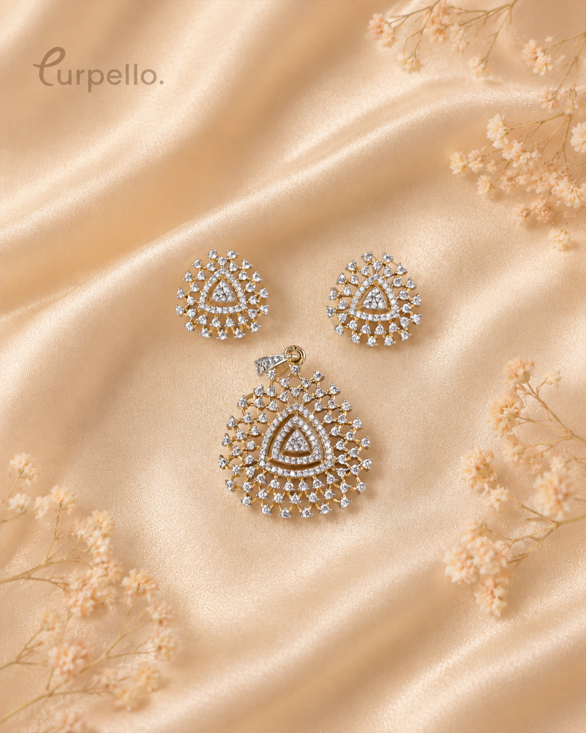 Purpello Radiant Triangle Halo Diamond Replica Pendant Set