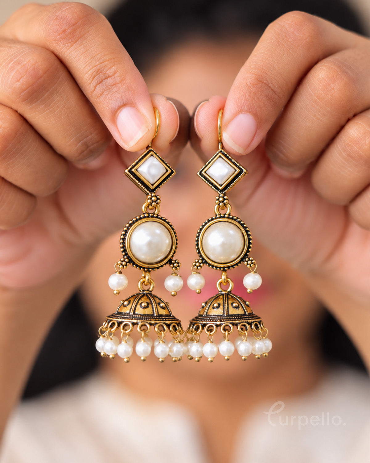 Antique Gold Jhumka Earrings with Pearl Drops