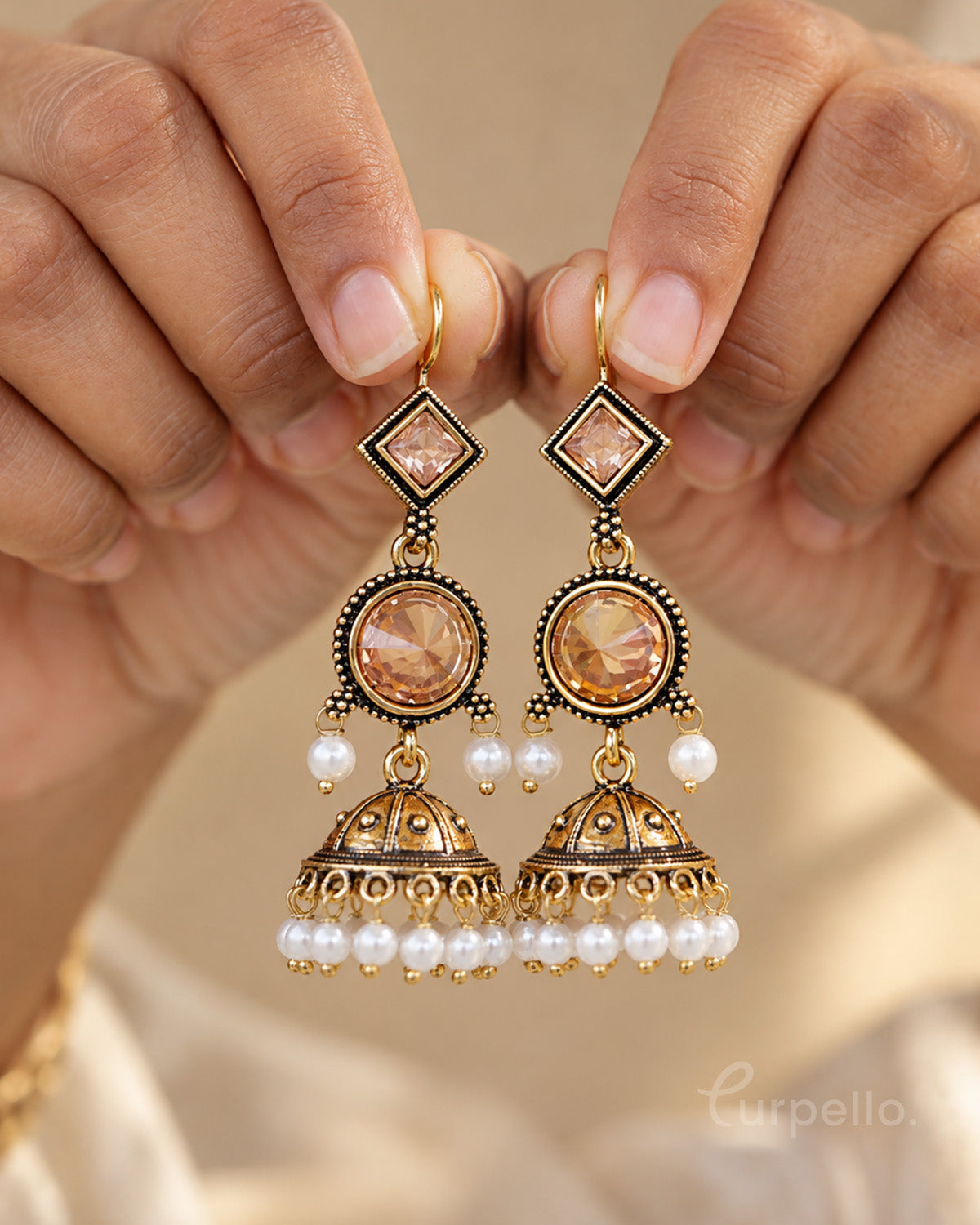 Antique Gold Jhumka Earrings with Pearl Drops