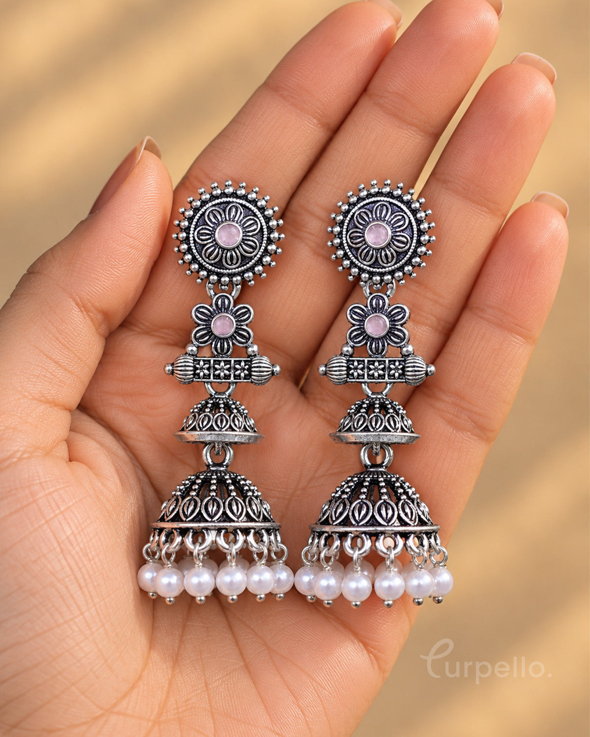 Oxidised Silver Double Jhumka Earrings