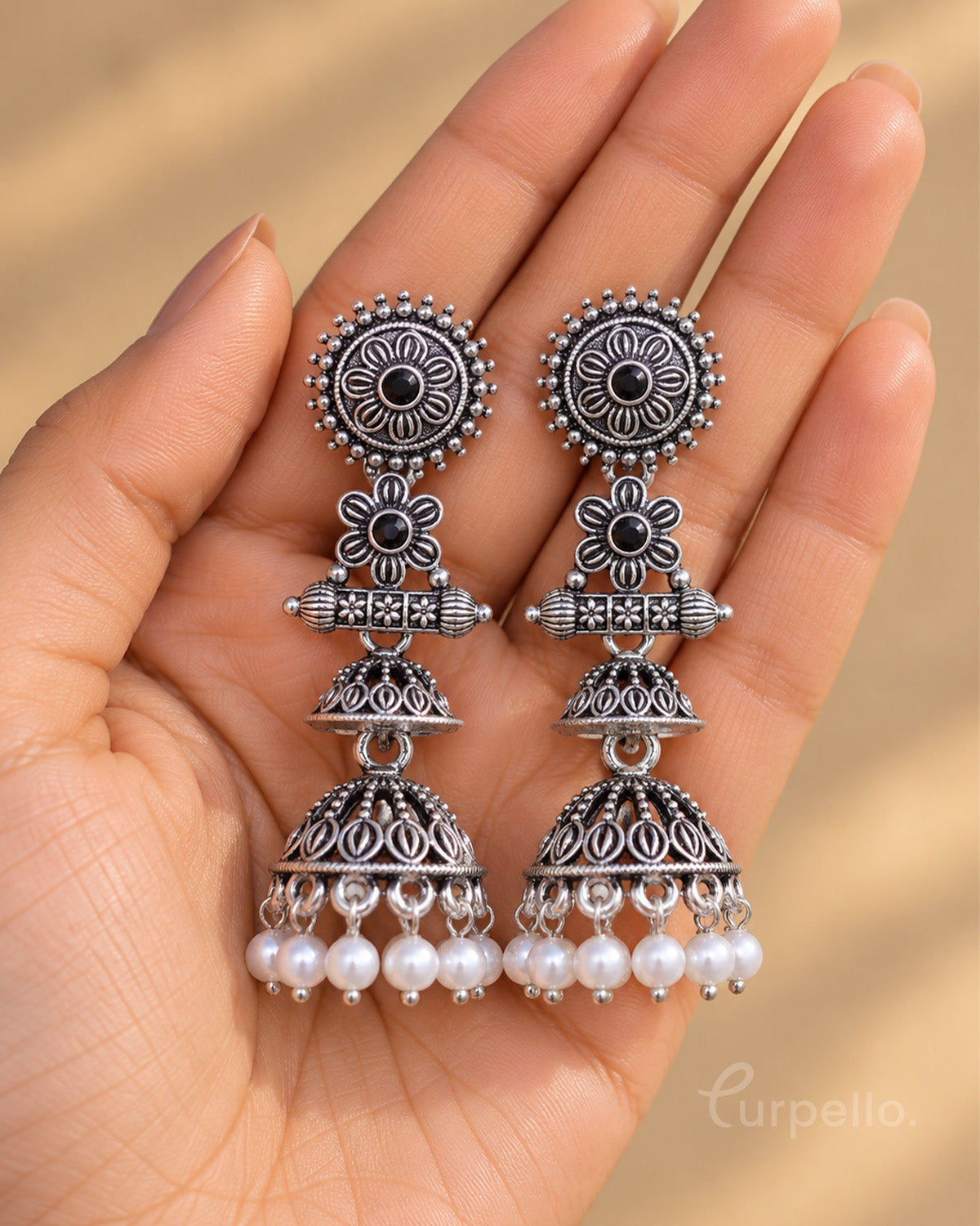 Oxidised Silver Double Jhumka Earrings