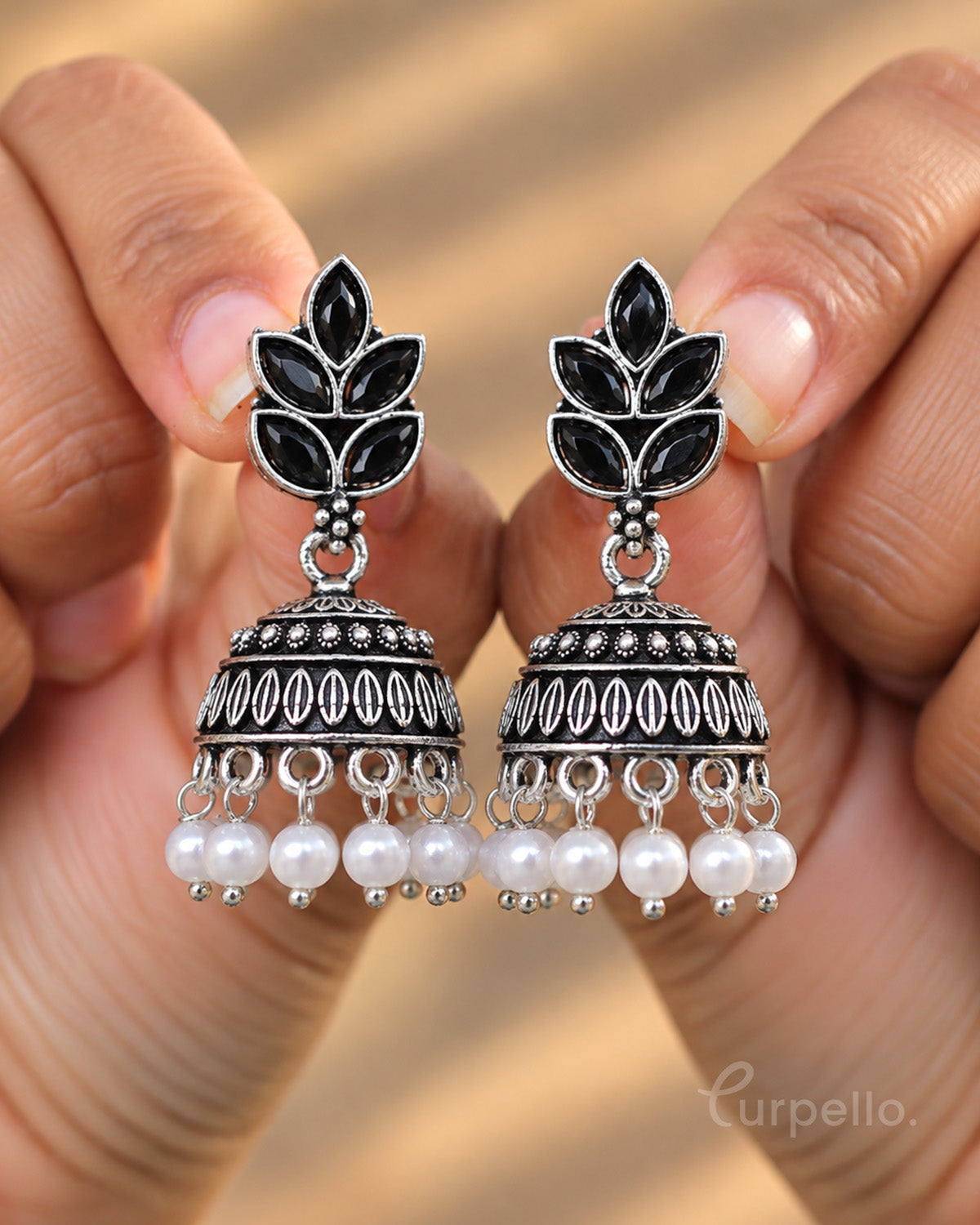 Leaf Oxidised Silver Jhumka Earrings