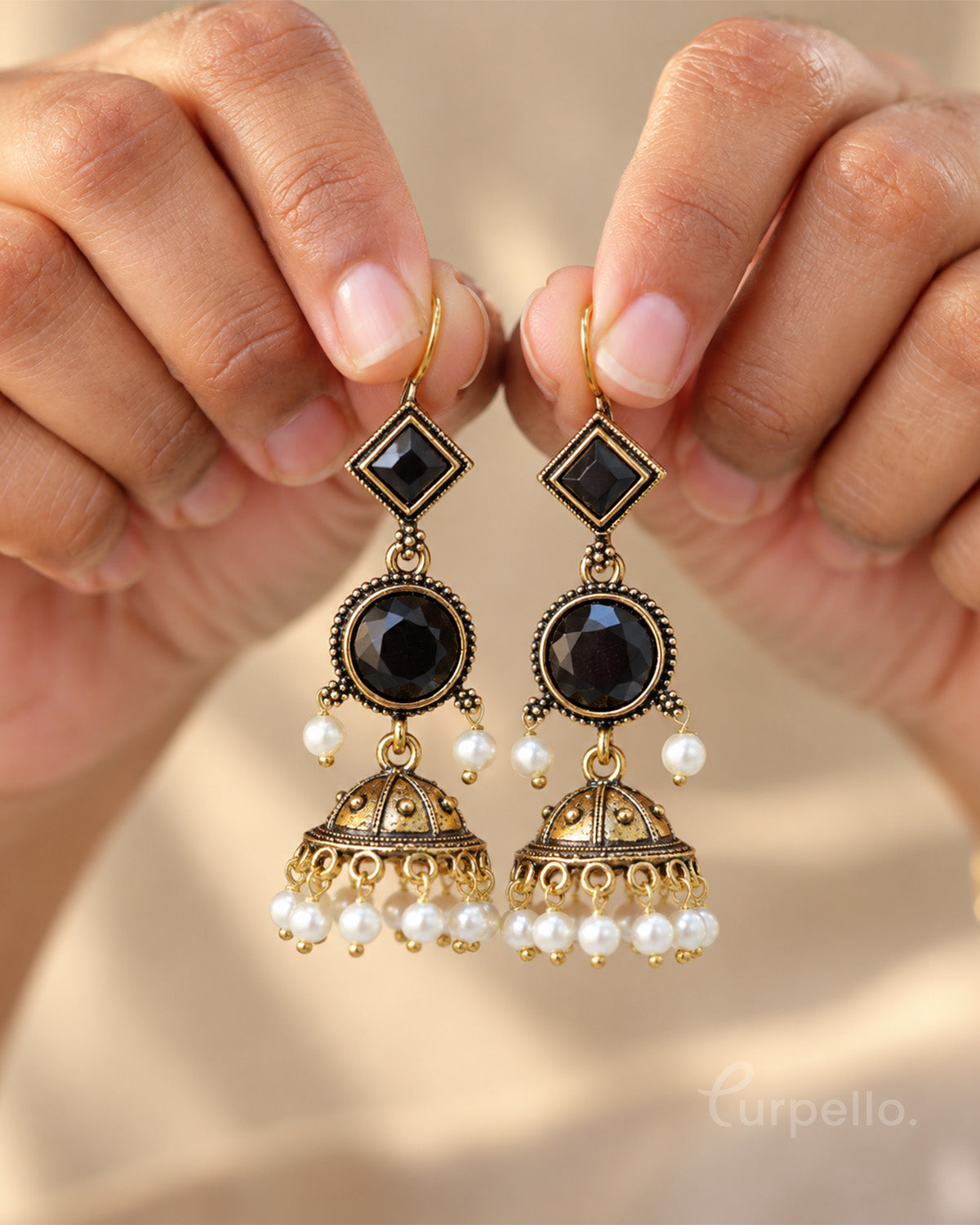 Antique Gold Jhumka Earrings with Pearl Drops