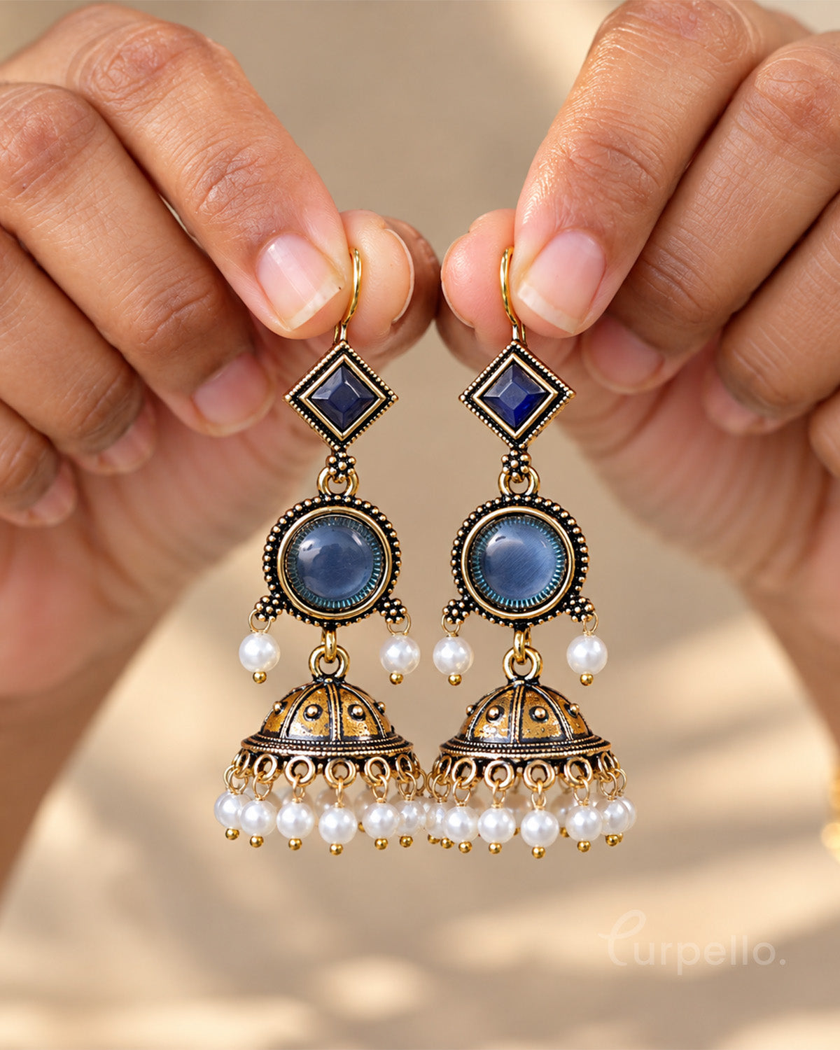 Antique Gold Jhumka Earrings with Pearl Drops